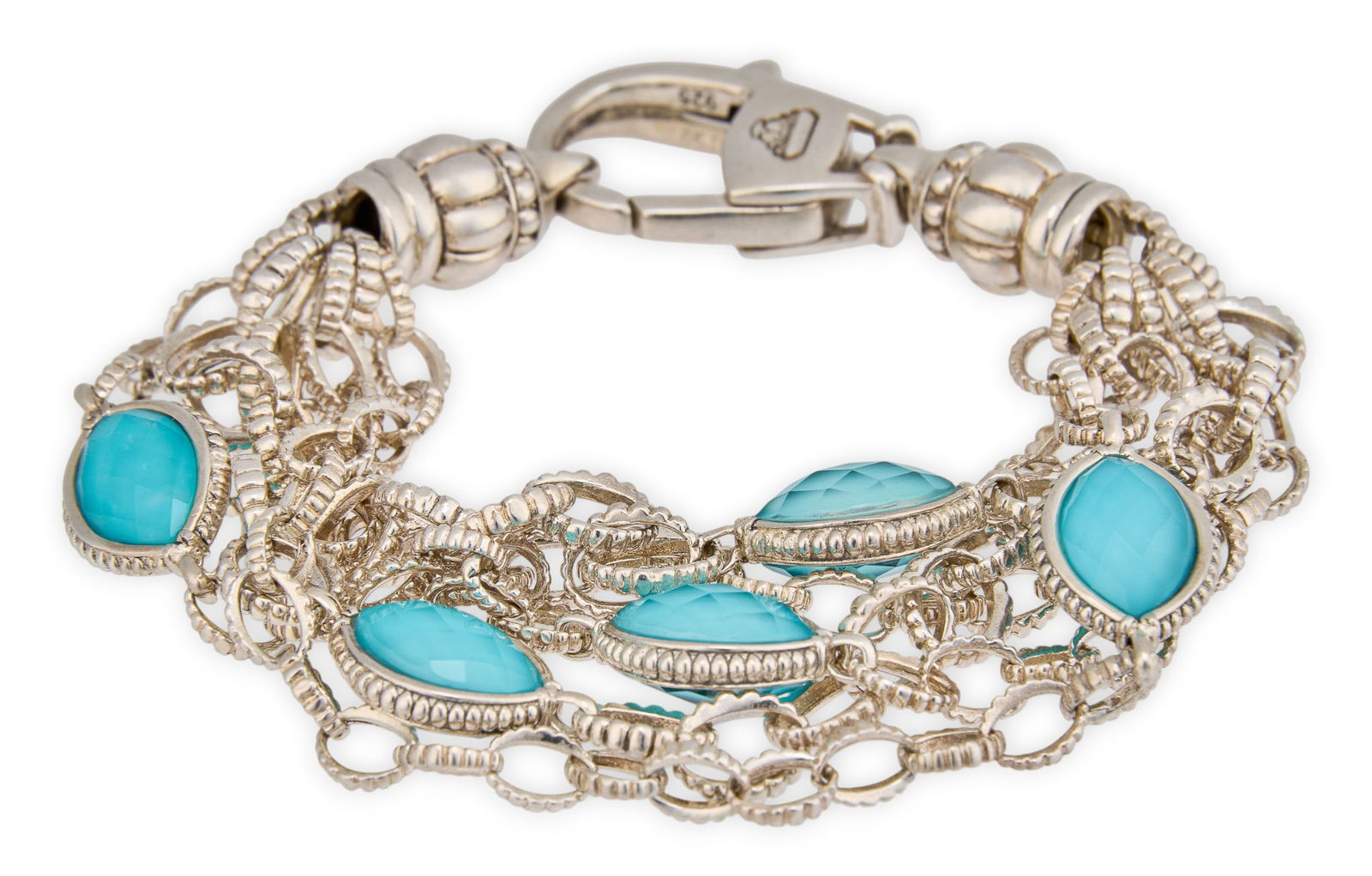 Lagos Venus Sterling & Turquoise Bracelet: Lagos Venus chain link bracelet with inlaid turquoise doublets on five strands of sterling silver chain with signature Caviar bead texture, marked "Lagos" and "925" Lengt