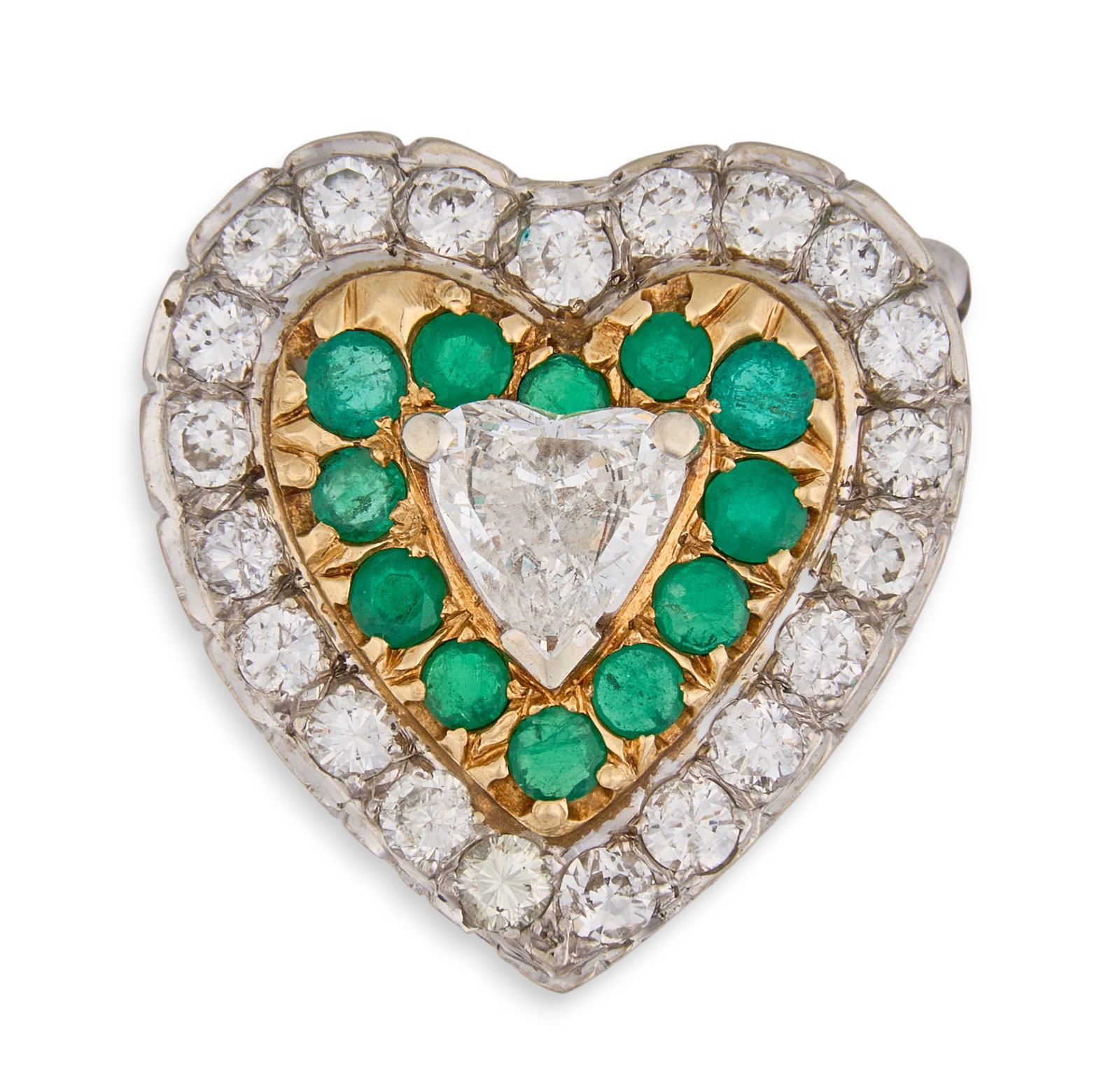 18K Diamond Heart Pin: 18K two-tone diamond and emerald heart-shaped pin, featuring a central heart-shape diamond, (approx 0.50ct), framed by a heart-shaped halo of round emeralds, further surrounded by an outer halo o