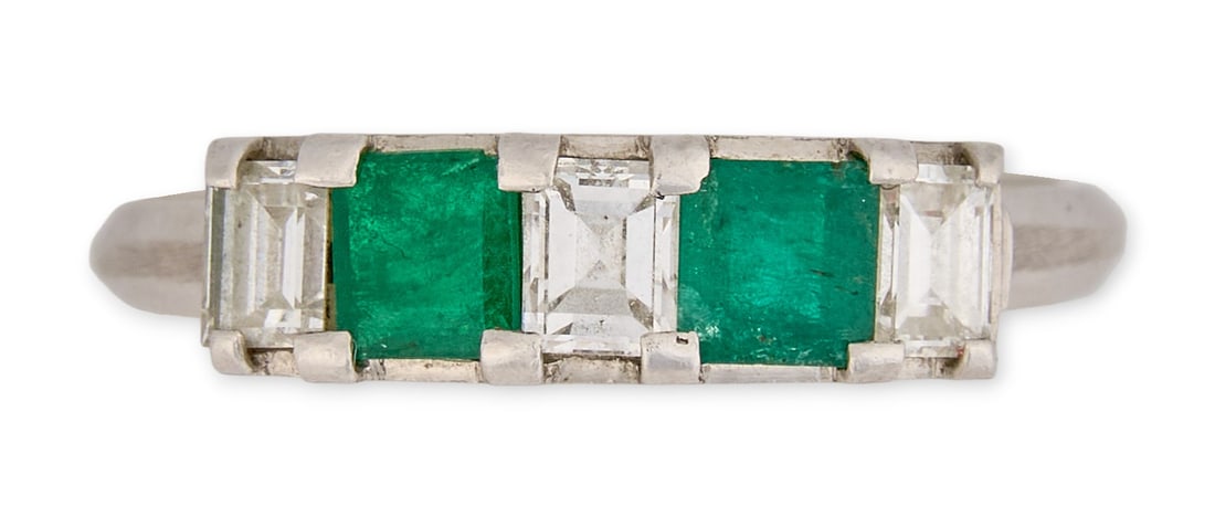 Platinum Emerald & Diamond Ring: Platinum ring featuring inlaid square cut emerald stones (approx 0.4 ctw), alternating with rectangular cut diamond accents (approx 0.6 ctw), marked Size: 5.75Total weight: 3.4 g Provenance: Property
