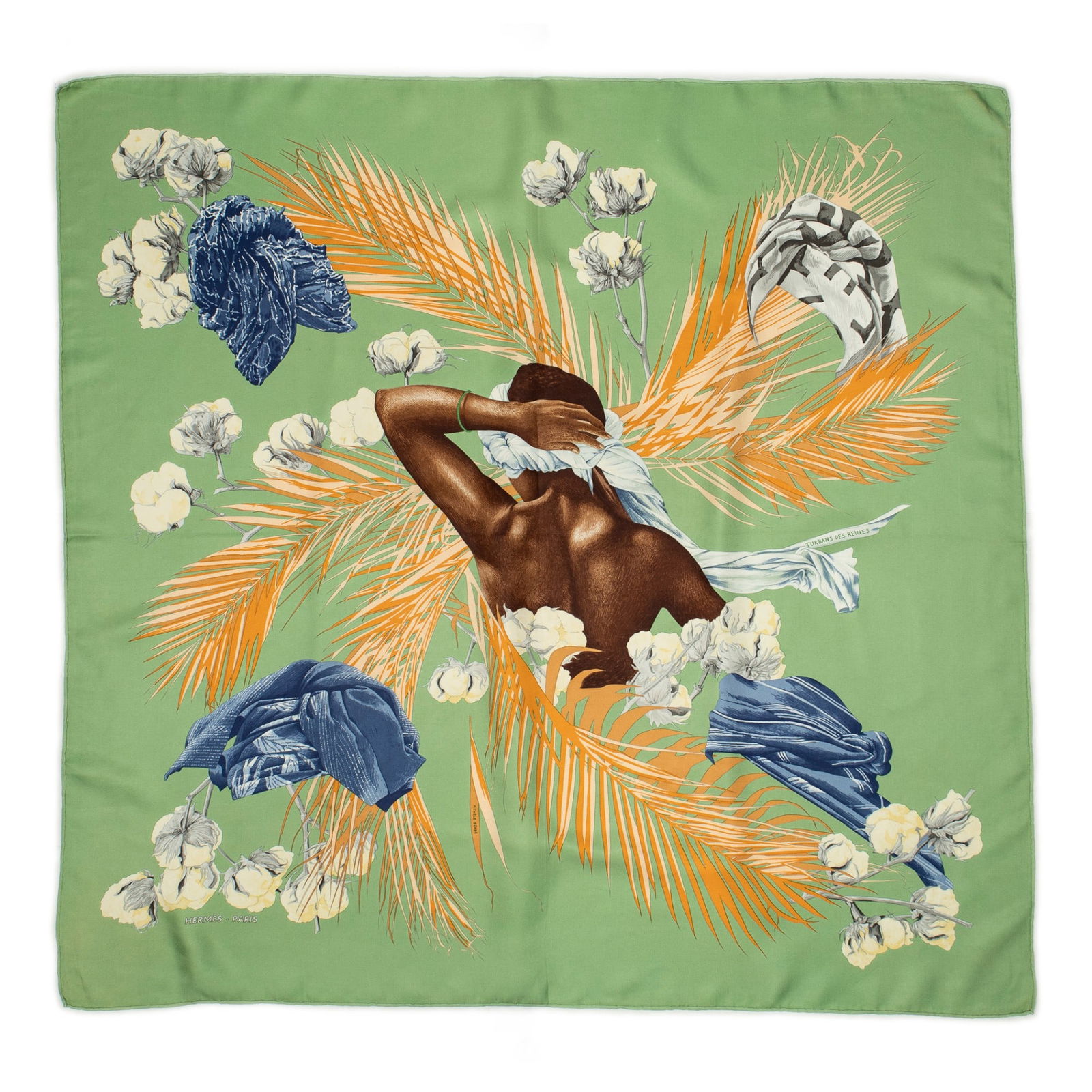 Hermès Turbans des Reines Silk Scarf: Herms Turbans des Reines silk scarf in green, orange, and blue twill silk, designed by Michelle Szabo Square 35.5 in. Condition AB;&n