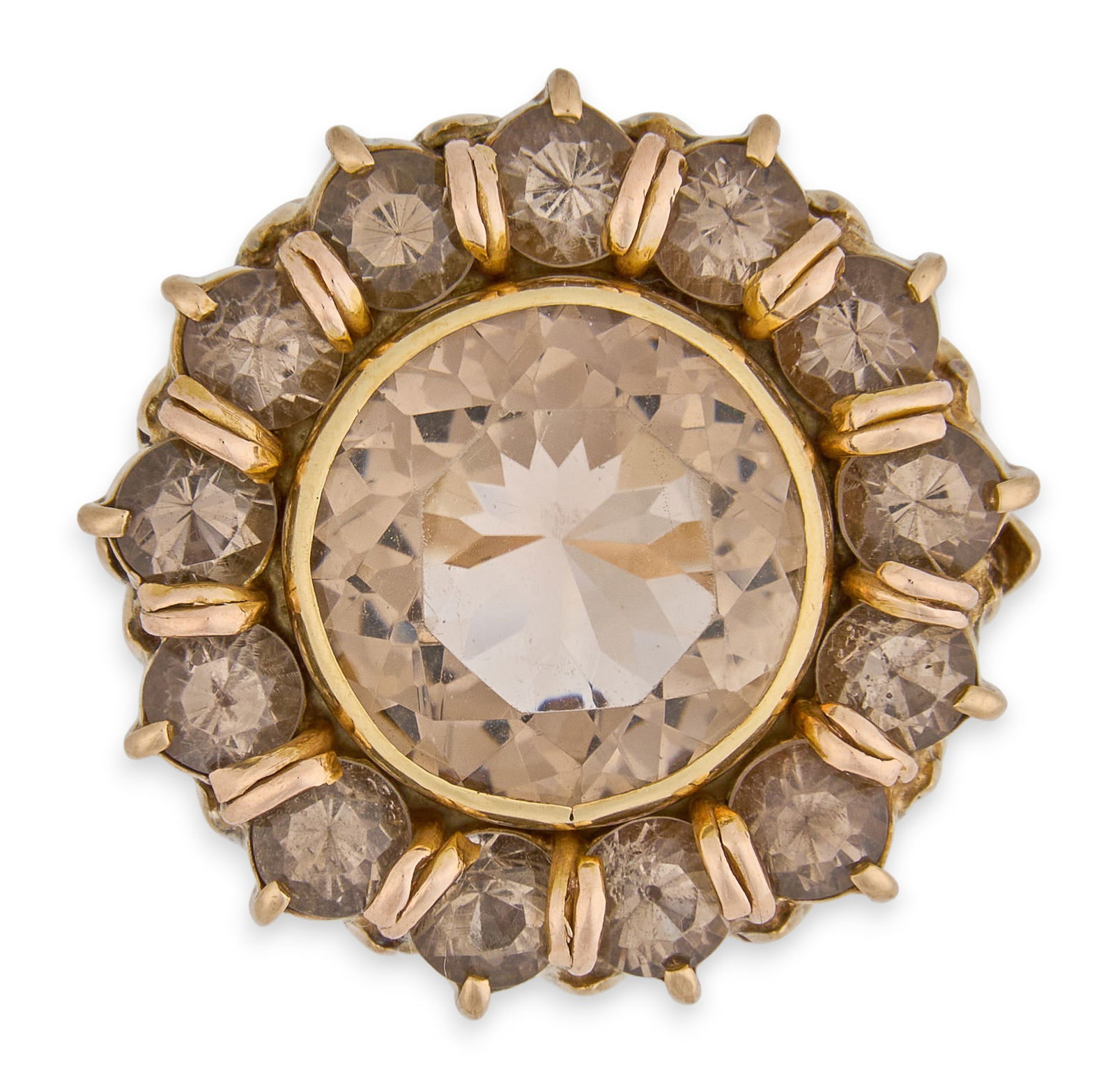14K Brown Topaz Ring: 14K yellow gold ring with round topaz center stone, surrounded by additional topaz details, marked "14K"Size: 9 Total weight: 12.4 gProvenance: Property from a home in Medina, Texas