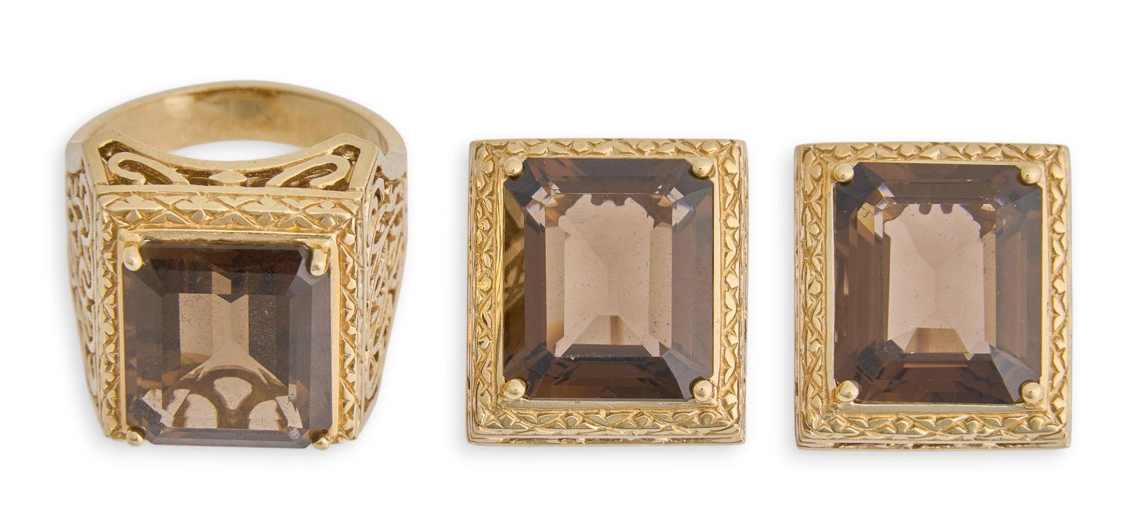 14K Smoky Quartz Ring and Earrings: 14K yellow gold smoky quartz ring and clip-on earrings, each featuring square smokey quartz center stones, and all marked "14K"Size: 7 Total weight: 20.73 gProvenance: Property from a home