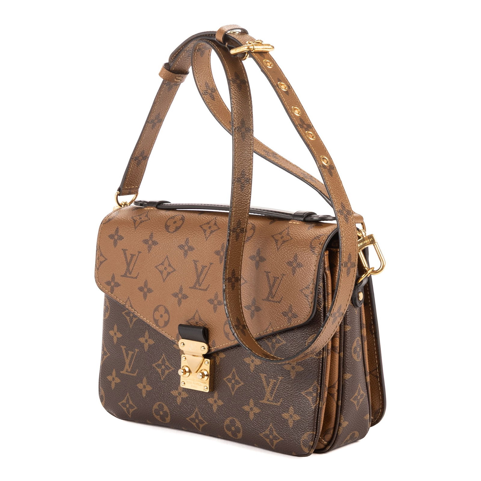 Louis Vuitton Pochette Metis MM Shoulder Bag: Louis Vuitton Pochette Metis MM shoulder bag in caramel brown and chocolate brown monogram canvas, with brown leather handles, and gold-tone brass hardware, marked DR4157, includes strap;