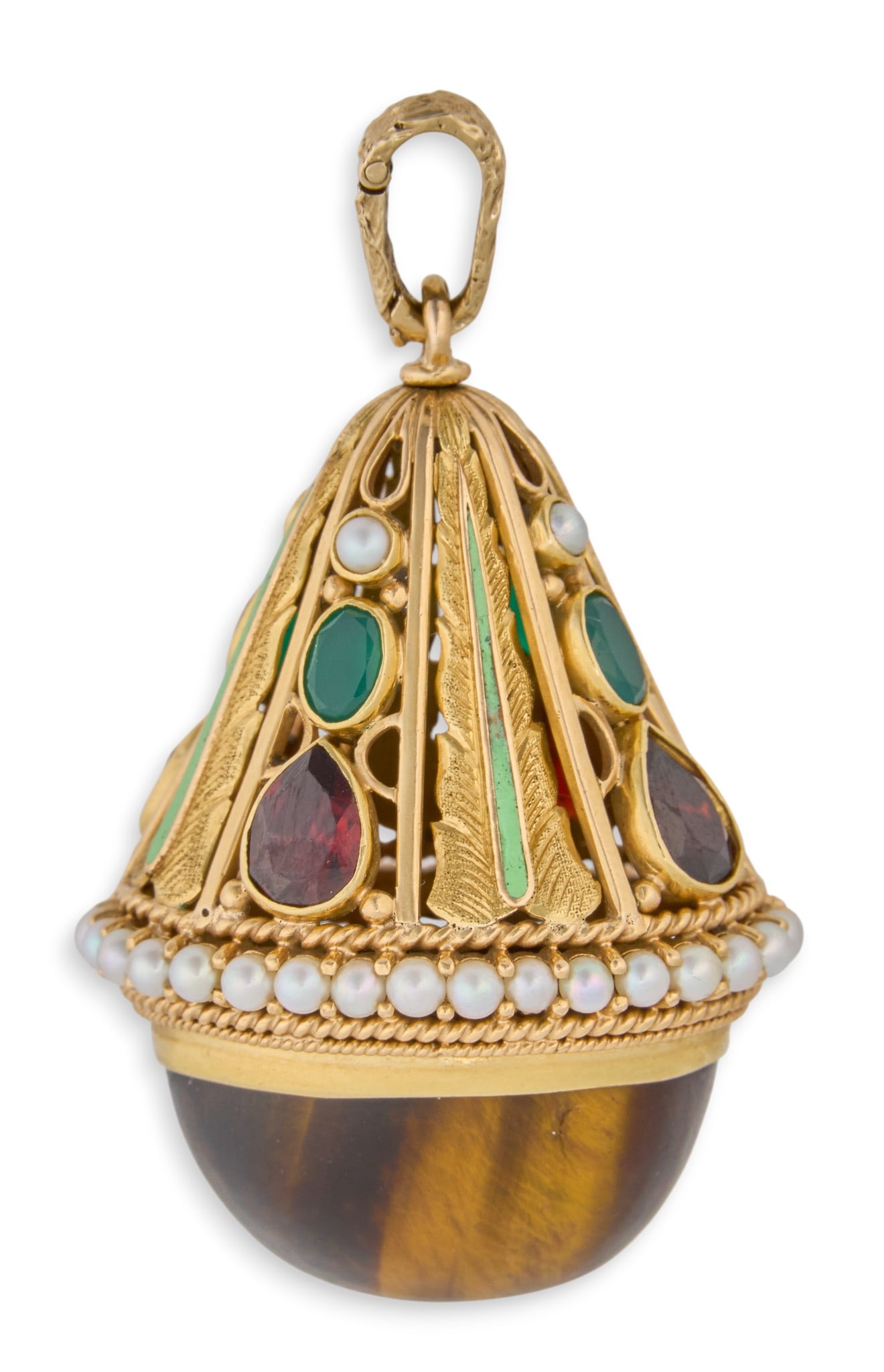 14K Tiger's Eye Pendant: Vintage 14K yellow gold pendant with tiger's eye quartz, garnets, green onyx, pearls, and light green enamel, marked "14K" on bail, circa 1970s Size: 2.5 in. x 1.5 in. Total