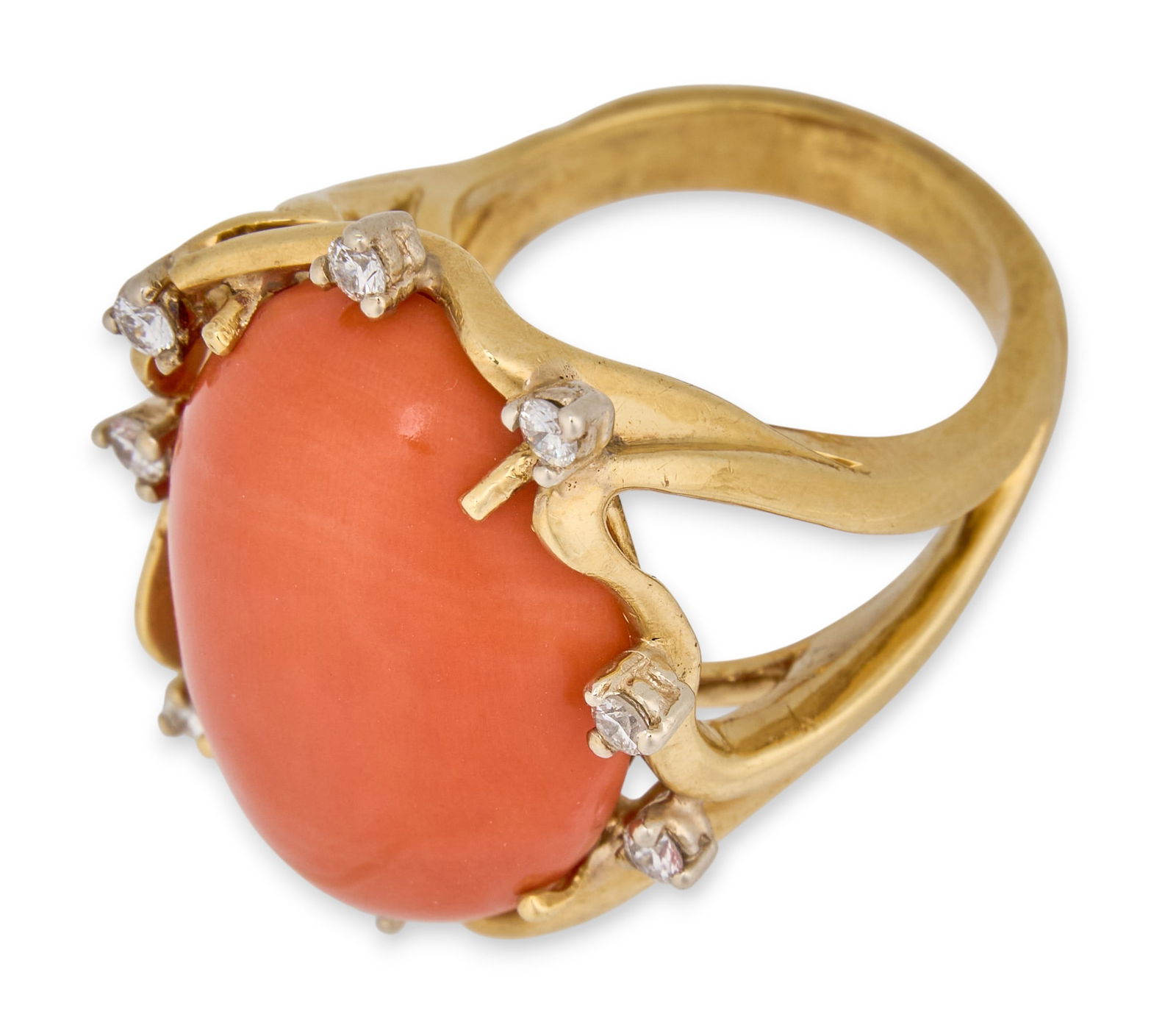 18K Coral Cocktail Ring: 18K yellow gold coral and diamond cocktail ring, featuring a large oval cabochon coral measuring approx. 22 x 16 mm, accented by eight small round diamonds, mounted in an openwork setting with