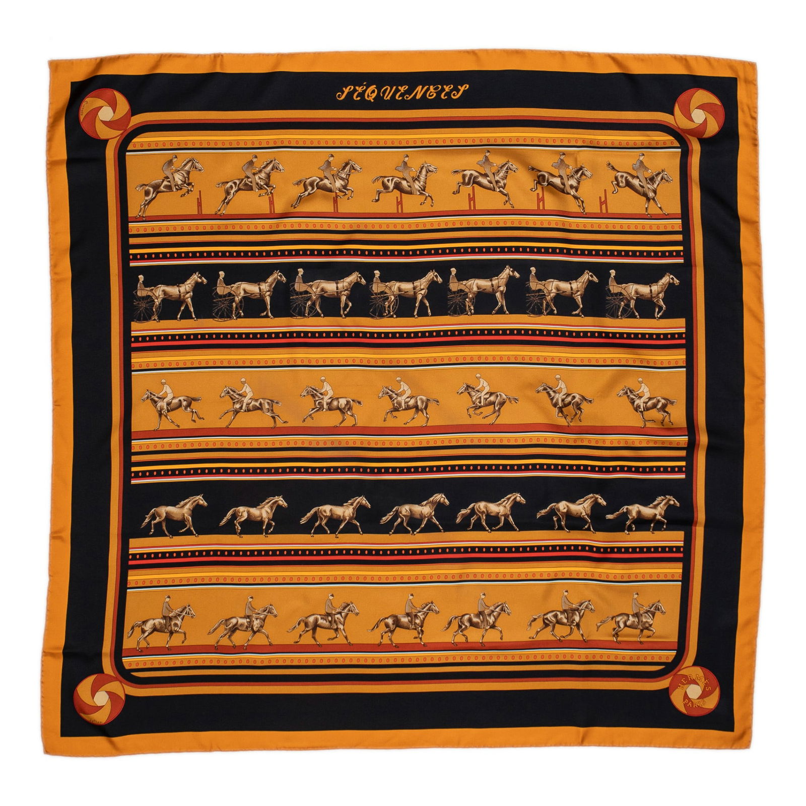 Hermes Sequences Silk Scarf: Hermes Sequences silk scarf in orange and black twill silk, designed by Caty LathamSquare 35.5 in. Condition: A; excellent condition, showing little signs of wear.