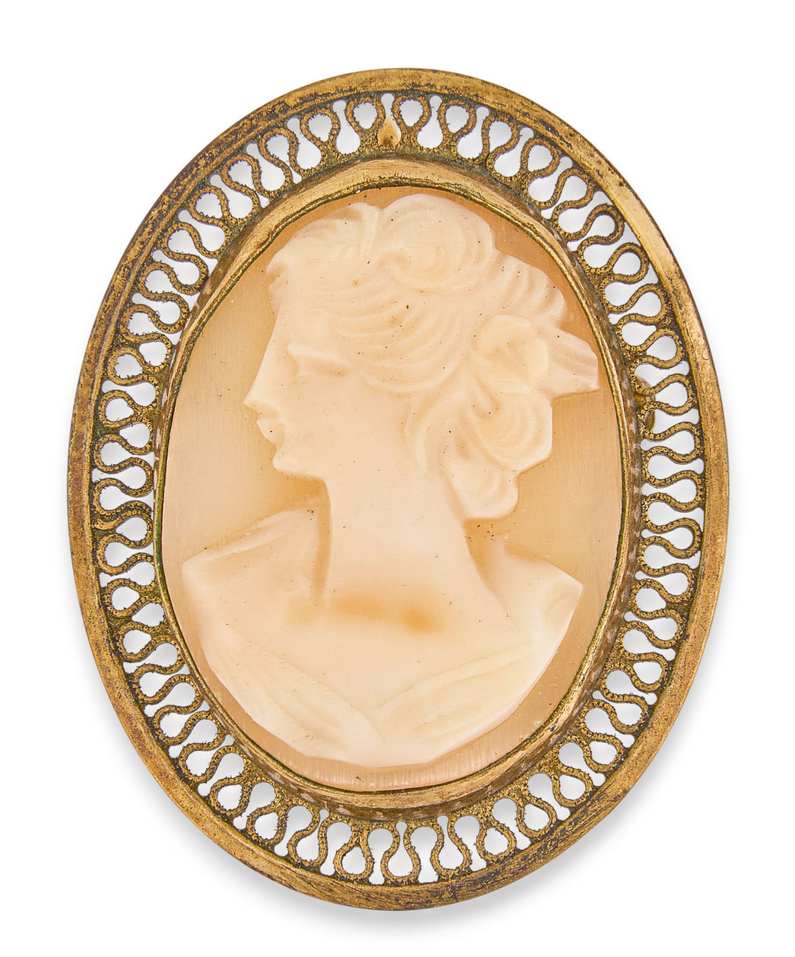 12K Cameo Brooch: 12K yellow gold cameo brooch with shell portrait set in gold hardware, with filagree details, marked "12K"Total weight: 4.8 gProvenance: Property from a home in San Antonio, Texas