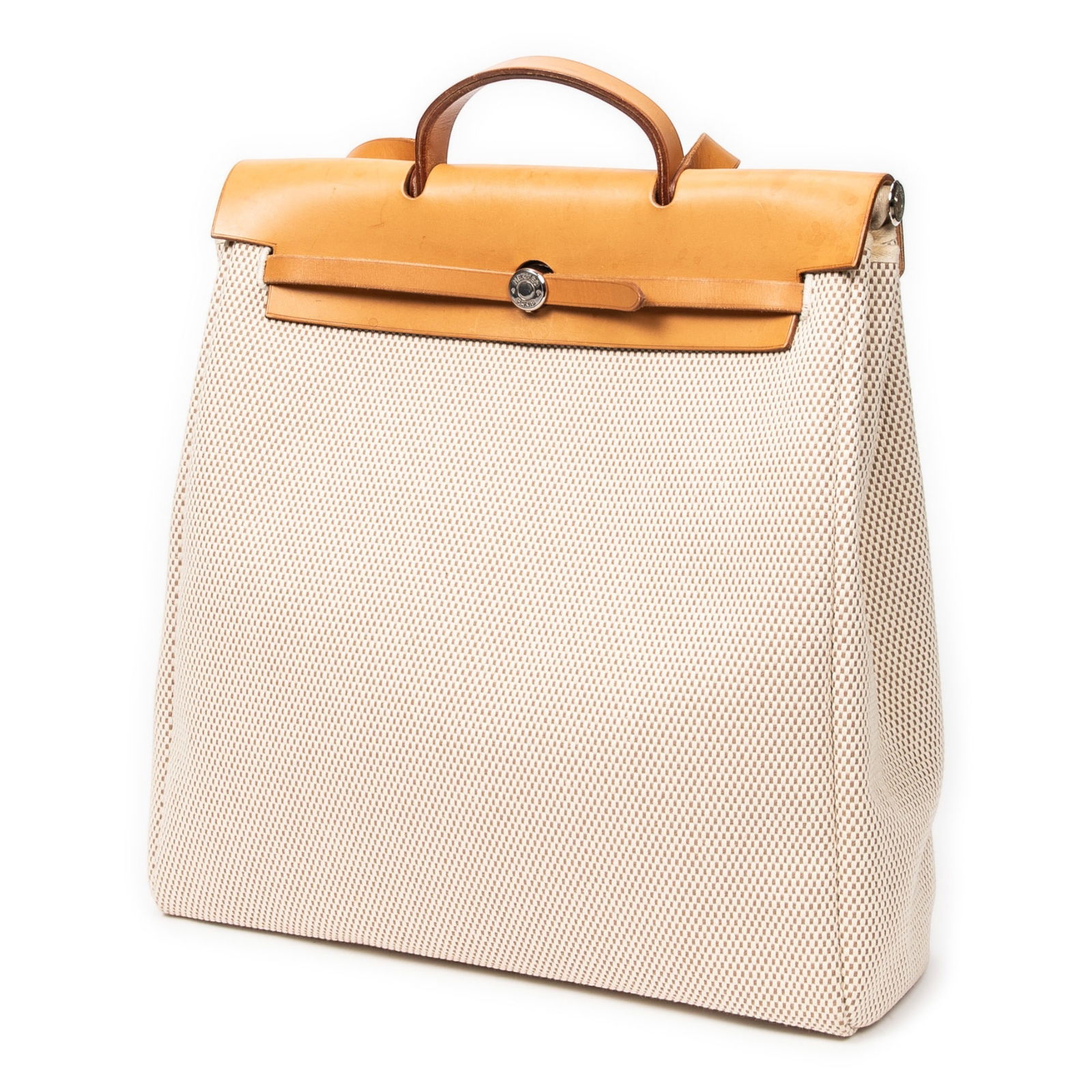 Hermes Herbag 2 In 1 GM Shoulder Bag: Hermes Herbag 2 in 1 GM interchangeable shoulder bag in beige and tan toile GM canvas, with tan leather handles, and palladium hardware, stamped G in Square (2003), includes cadenas, keys in