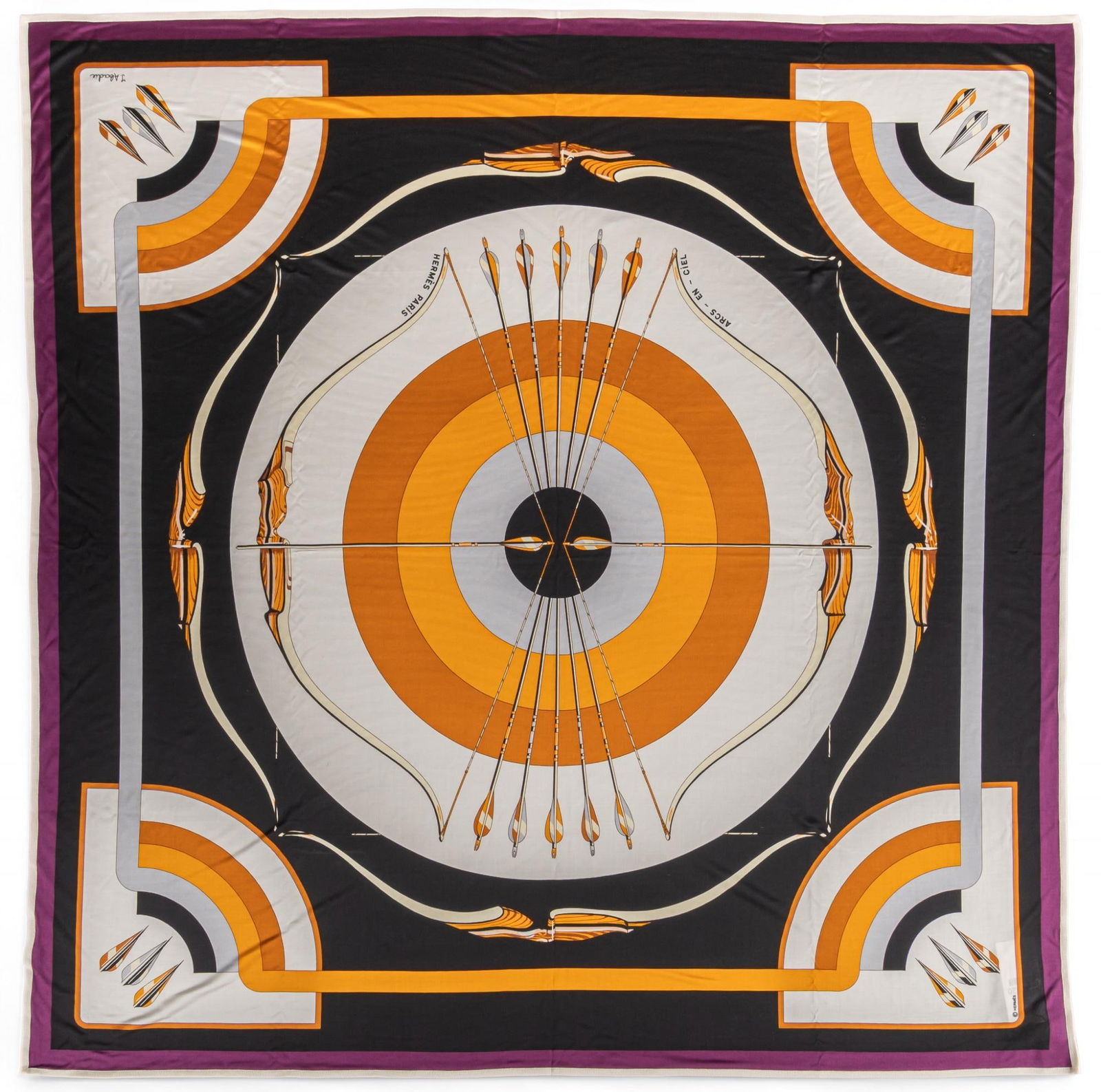 Hermes Arcs en Ciel Silk Scarf: Hermes Arcs en Ciel (Rainbow Arcs) silk scarf, designed by Julia Abadie Square 34.5 in. Condition A; excellent condition, shows little signs of wear, without box
