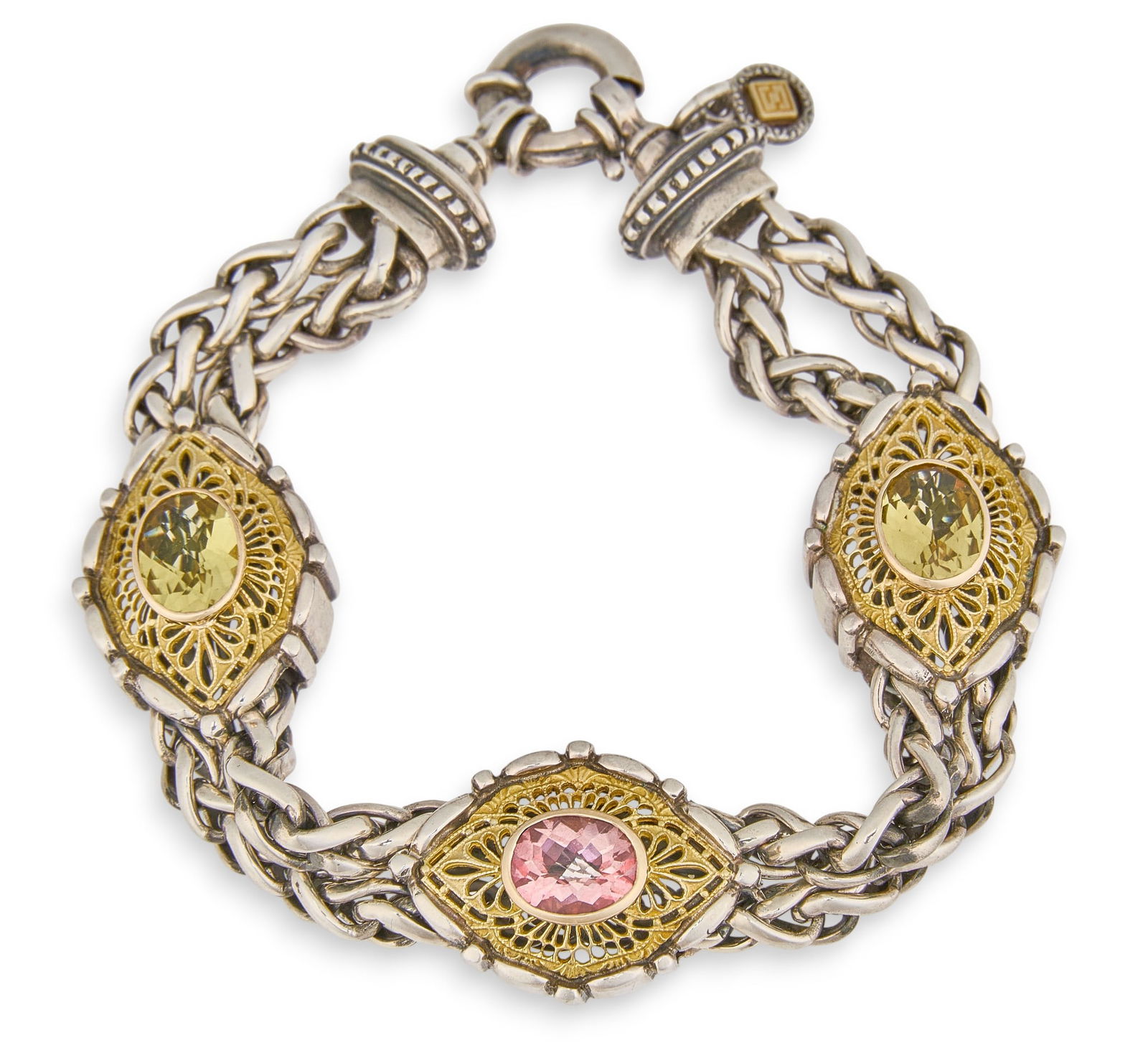 18K Sterling Silver Gemstone Bracelet: Sterling silver bracelet with 18K yellow gold filagree details, feauring inlaid pink and green toned gemstones, marked "925" and "18K"Length: 7.5 in. Total weight: 1.665