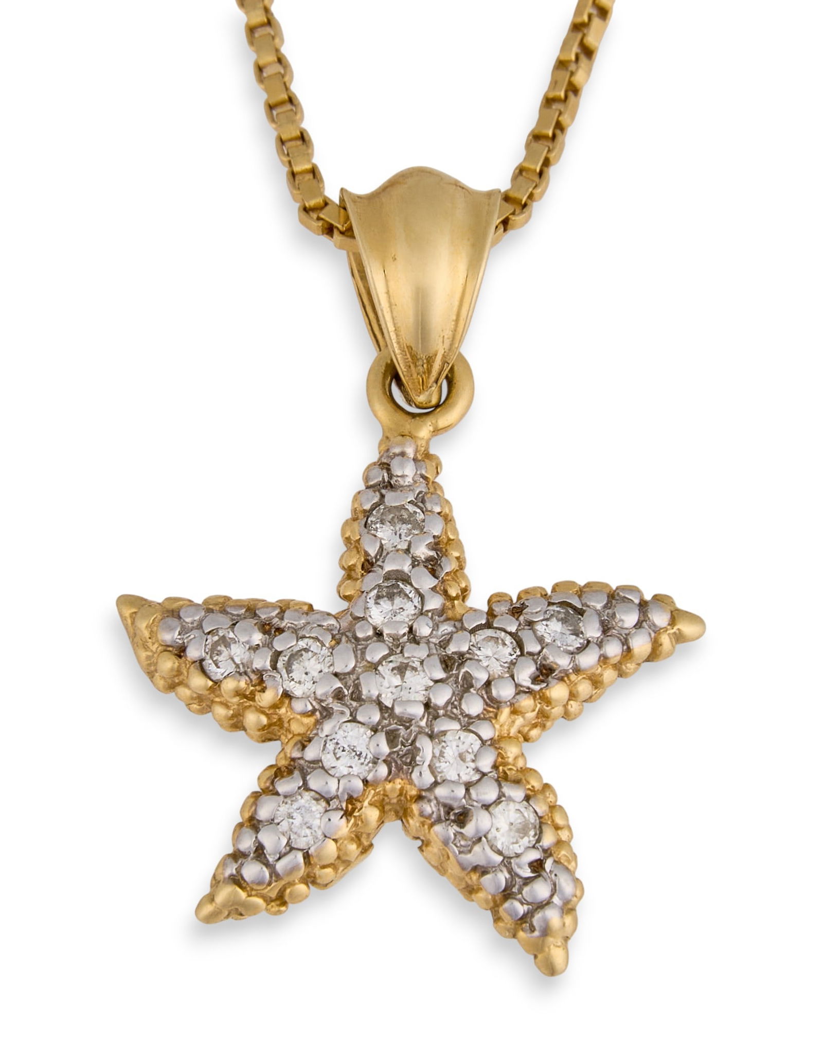 14K Diamond Starfish Necklace: 14K yellow gold necklace with starfish form pendant set throughout with round brilliant-cut diamonds, suspended from box-link chain with spring clasp, marked "14K" Total weight: 4.5g Provena