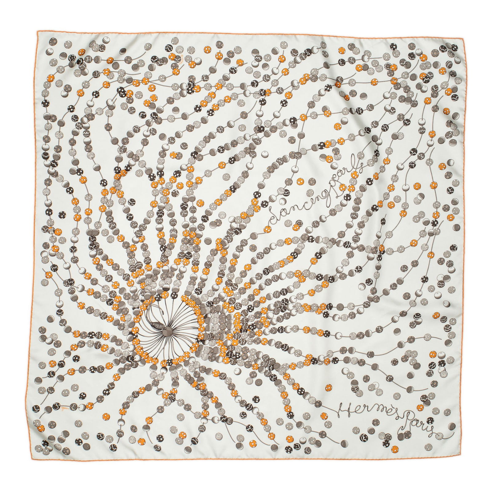 Hermes Dancing Pearls Silk Scarf: Hermes Dancing Pearls silk scarf in ivory, orange, and grey twill silk, designed by Virginie Jamin Square 35.5 in. Condition: A; excellent condition, showing little signs of wear.