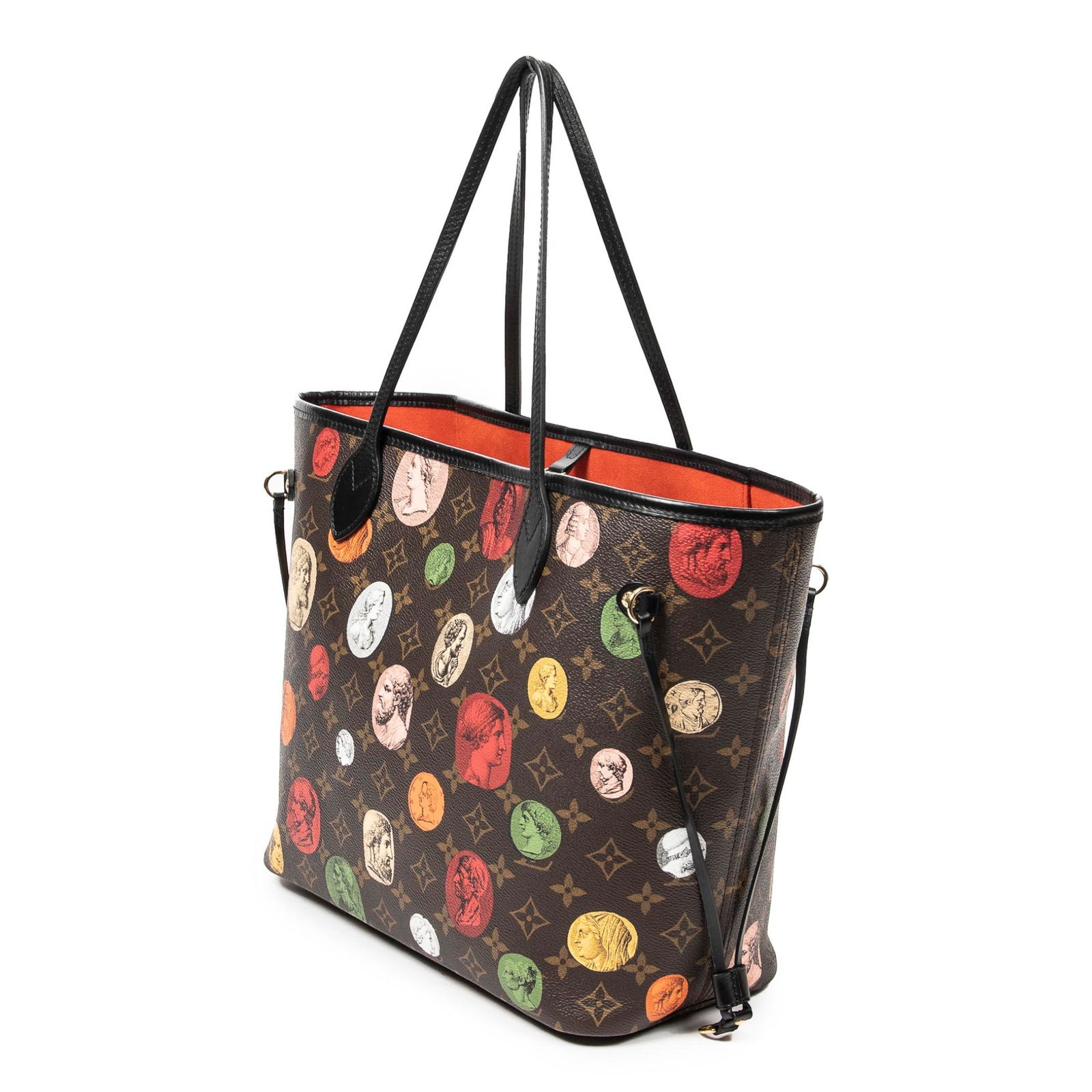 Louis Vuitton Ltd. Ed. Fornasetti Neverfull MM Shoulder Bag: Louis Vuitton Ltd. Ed. Fornasetti Neverfull MM shoulder bag in brown and black monogram cameo, with black leather handles, and golden brass hardware, marked NFC Detected, includes dust bag; third-part