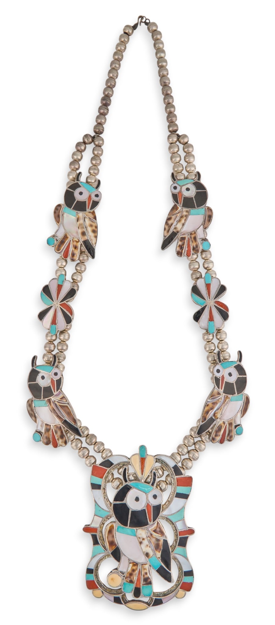 Seferino Esalio, Zuni Sterling Inlay Owl Necklace: Seferino Esalio, sterling silver necklace with multi-stone inlaid owl motifs, featuring turquoise, coral, onyx, and shell details, with hook and eye closure, each owl and pendant signed by artist Leng