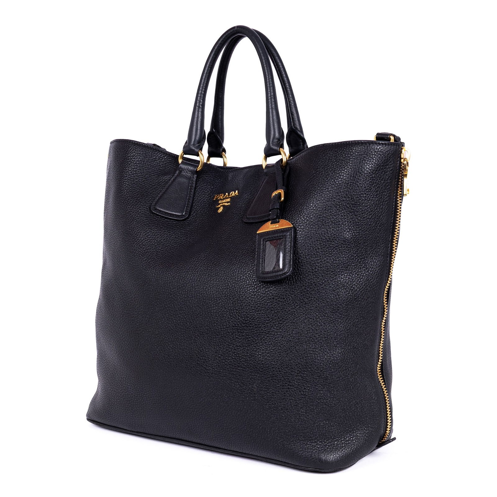 Prada Classic Large Shopping Tote Handbag: Prada Classic Large Shopping Tote handbag in black vitello daino leather, with black leather handles, and golden hardware, marked BN2419 / 227, includes strap, and luggage tag; third-party