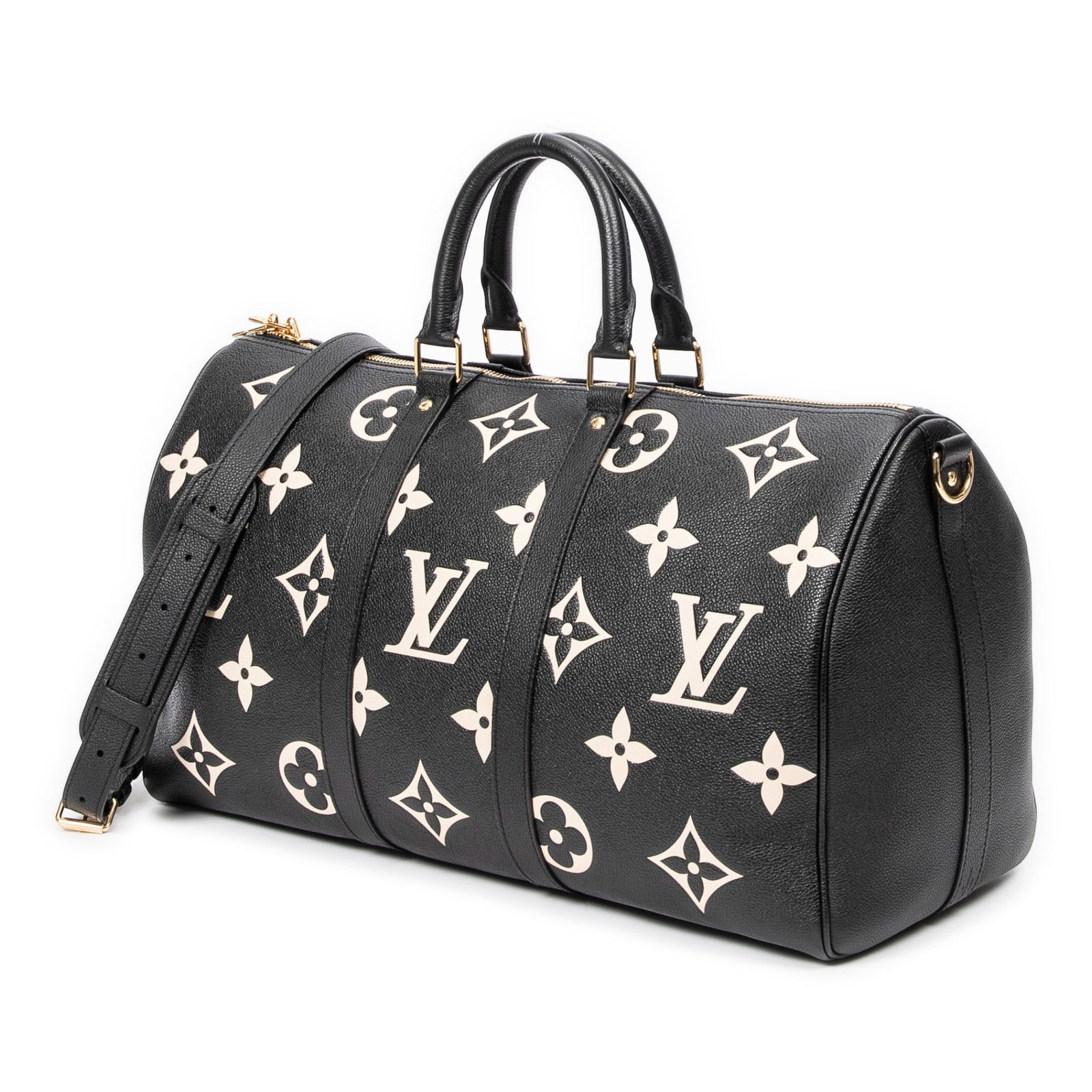 Louis Vuitton Keepall Bandouliere 45 Travel Bag: Louis Vuitton Keepall Bandouliere 45 travel bag in black and beige monogram empreinte, with black leather handles, golden brass hardware, marked NFC Detected, includes strap, dust bag, mini dustbag,