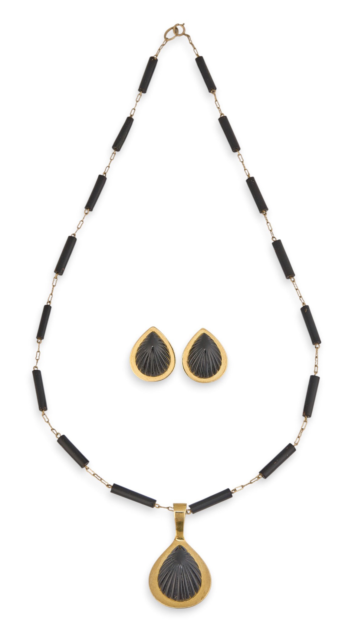 14K Onyx Jewelry Suite: 14K yellow gold and onyx jewelry suite to include pair of earrings and necklace, earrings marked "14K", necklace clasp marked "585"Length: 18 in. Total weight: 14.1