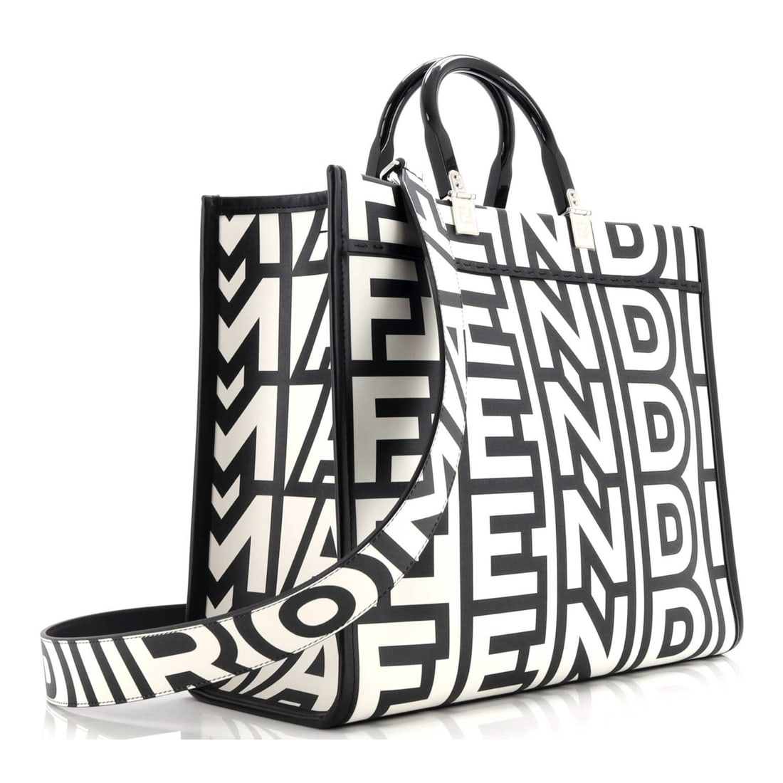 Fendi Marc Jacobs Sunshine Shopper Tote Medium Handbag: Fendi Marc Jacobs Sunshine Shopper Tote Medium handbag in white and black printed calfskin leather, with black leather handles, and silver hardware, marked 8BH386-AMWK-229-2557, includes dust bag;