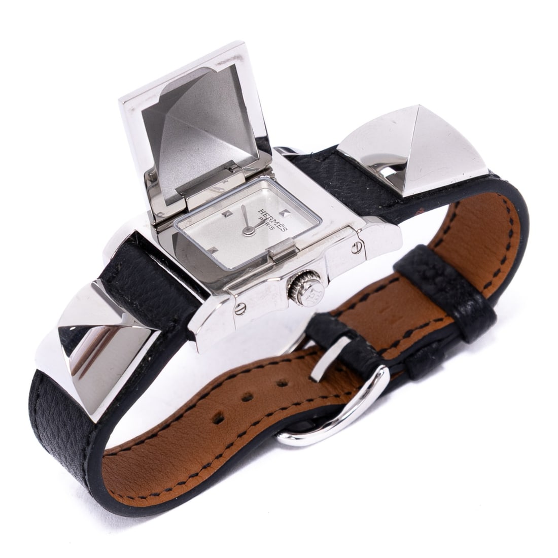 Hermès Médor Watch: Herms Mdor Watch, black and silver silver plated, black leather handles, silver hardware, marked 2969786 Condition A; excellent condition, shows little signs of wear