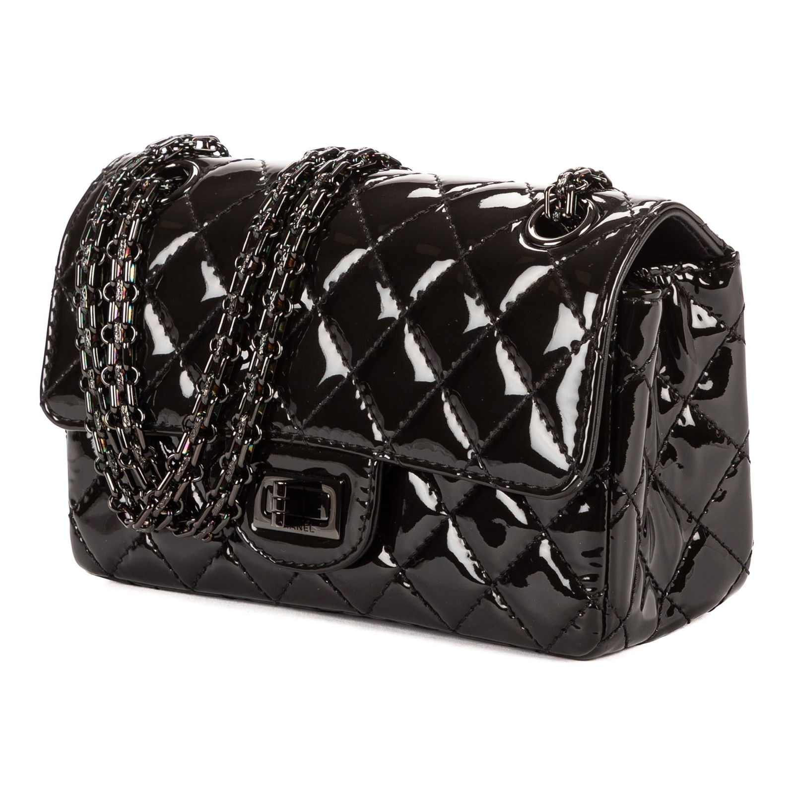 Chanel 2.55 Reissue Mini Flap Shoulder Bag: Chanel 2.55 Reissue Mini Flap shoulder bag in black quilted glazed patent leather, with chain strap, and black metal hardware, marked 29632715; third-party authenticated7.75 in. x 5 in. x 3