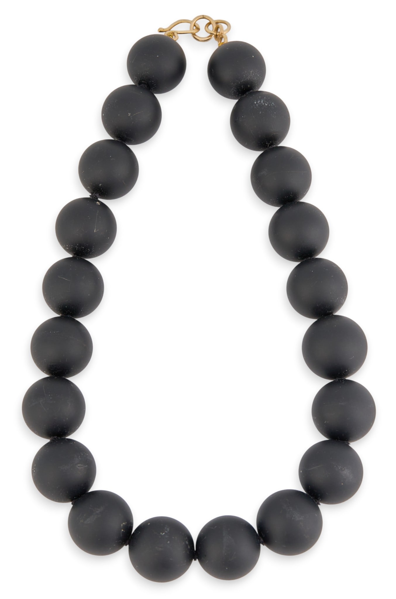 14K Brushed Onyx Beaded Necklace: Beaded brushed onyx necklace with large round beads, and 14K yellow gold hook and eye closure, marked "14K" to claspLength: 16 in. Total weight: 158.5 g