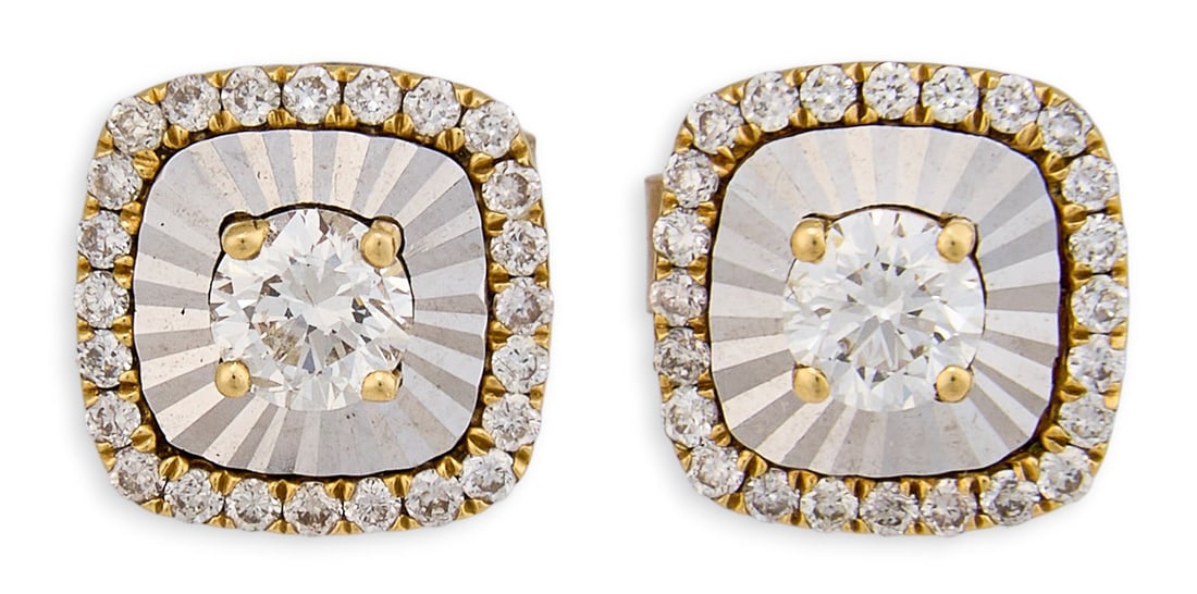 Pair of 18K Diamond Earrings: Pair of 18K yellow gold diamond earrings, with backs, marked "18K" and "750"Total weight: 1.7 gProvenance: Property from a North San Antonio, Texas collection