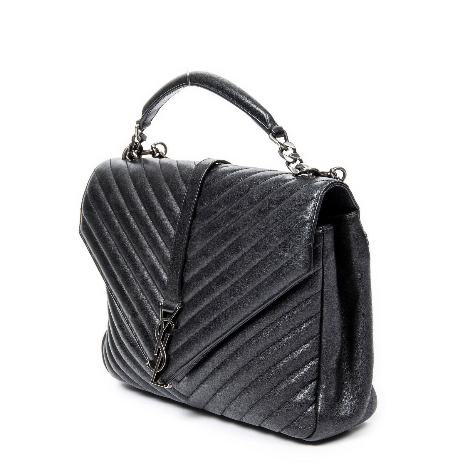 Yves Saint Laurent Large College Bag Shoulder Bag: Yves Saint Laurent Large College Bag shoulder bag in black chevron calfskin leather with black leather interlaced chain, and aged brass hardware, marked PMR392738-1016, includes chain strap;
