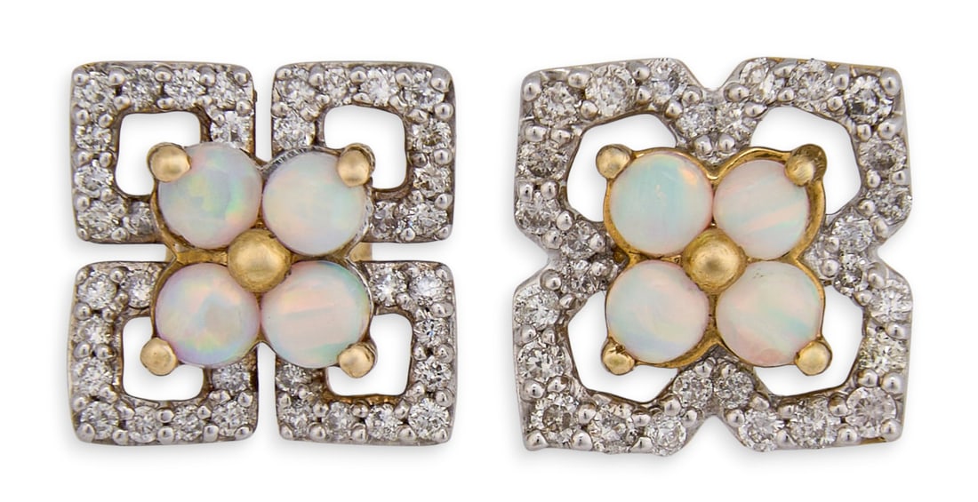 10K Diamond & Opal Earrings: Pair of 10K yellow gold earrings with diamond and opal details, marked "10K"Total weight: 2.1 gProvenance: Property from a North San Antonio, Texas collection
