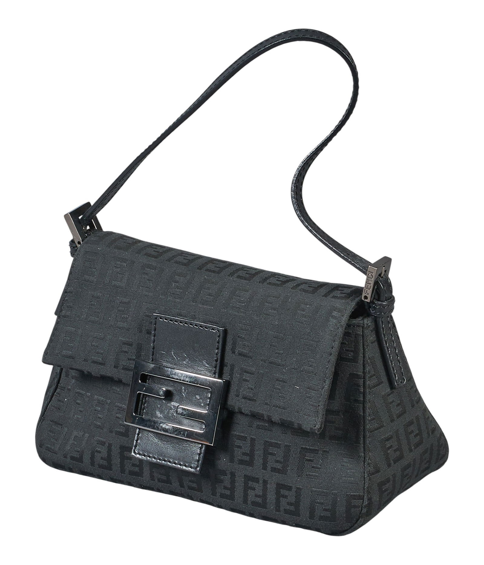 Fendi Zucchino FF Mama Handbag: Fendi Zucchino FF Mama mini shoulder bag of black FF monogram on black canvas with black leather handle, and gun metal hardware, marked "2354/8BR180/JQ5/078" and stamped