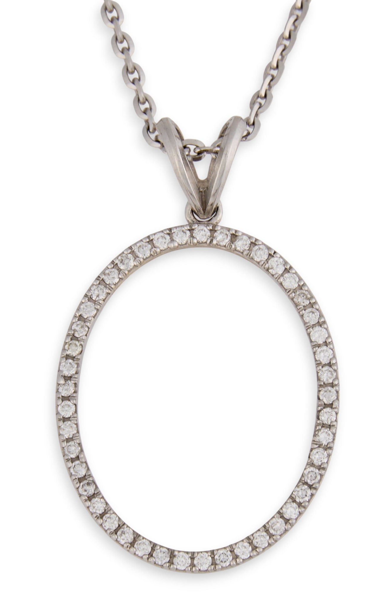14K Diamond Oval Pendant Necklace: 14k white gold necklace with oval ring pendant with rabbit ear bail, marked "14k" on claspLength 16 in. Total weight 3.6 gTotal carat weight: 0.28 Provenance: Property from a