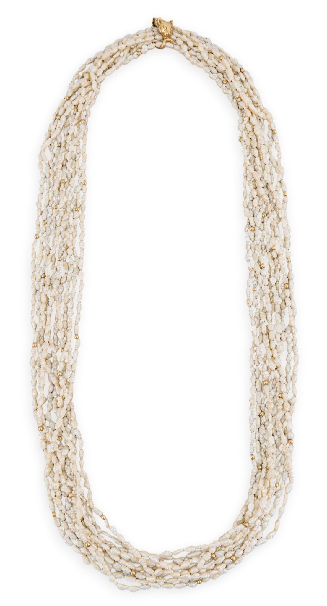 14K Seed Pearl Necklace: Multi-strand seed pearl necklace, with 14K yellow gold clasp, marked "14K" Length: 32 in.Total weight: 19.36 g Provenance: Property from a home in San Antonio, Texas