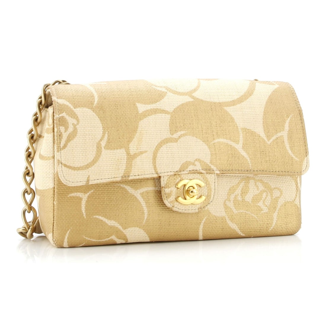 Chanel Vintage Camellia Single Flap Shoulder Bag: Chanel Vintage Camellia Single Flap shoulder bag in beige and gold printed raffia canvas, with chain with raffia canvas handles, and gold-toned hardware, marked 8858054; third-party authenticated 9.5