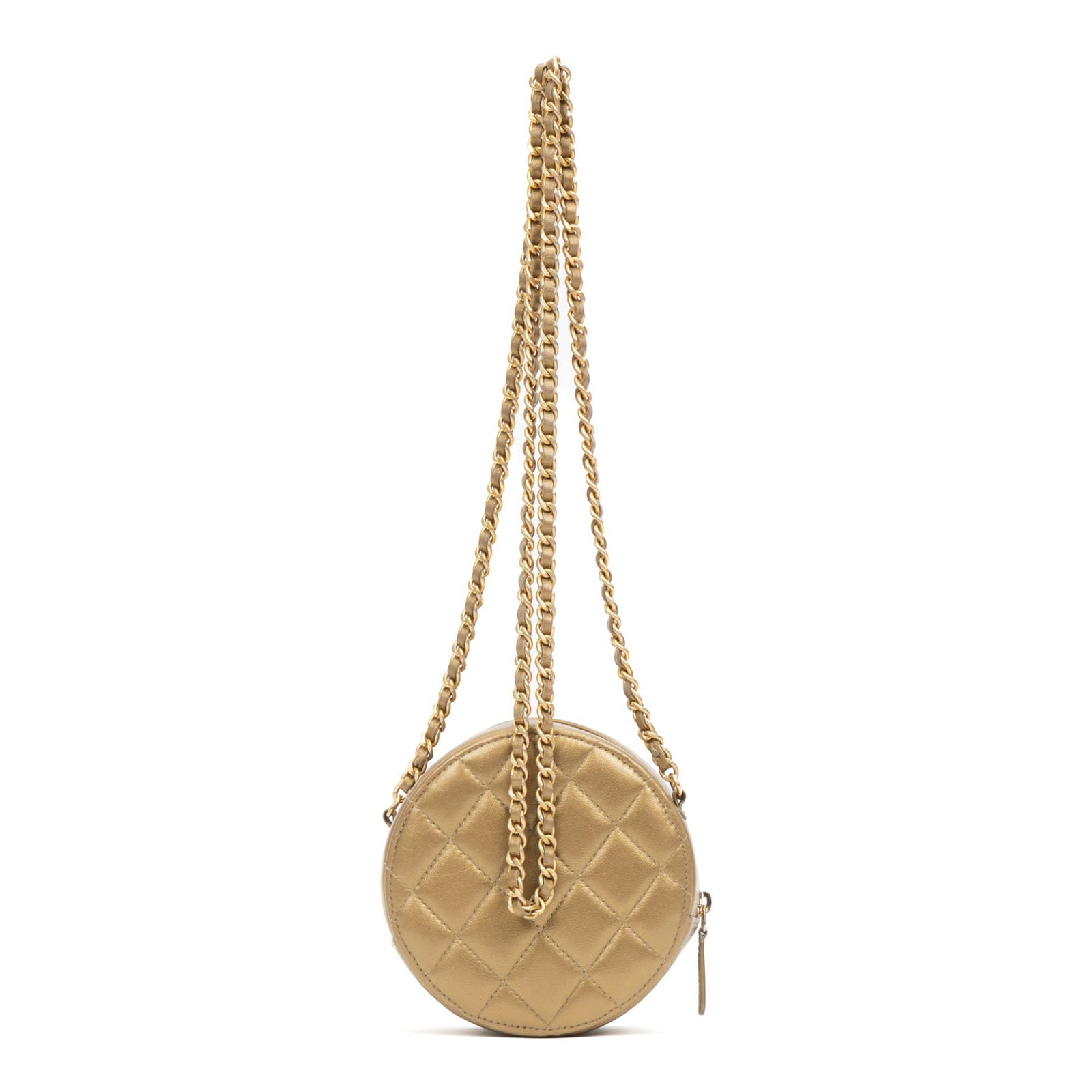 Chanel Egyptian Amulet Round Chain Clutch Shoulder Bag: Chanel Egyptian Amulet Round Chain Clutch shoulder bag in gold calfskin quilted leather, with gold-toned hardware, marked 28104572, includes sticker, card, dust bag; third-party authenticated 4.5 in.