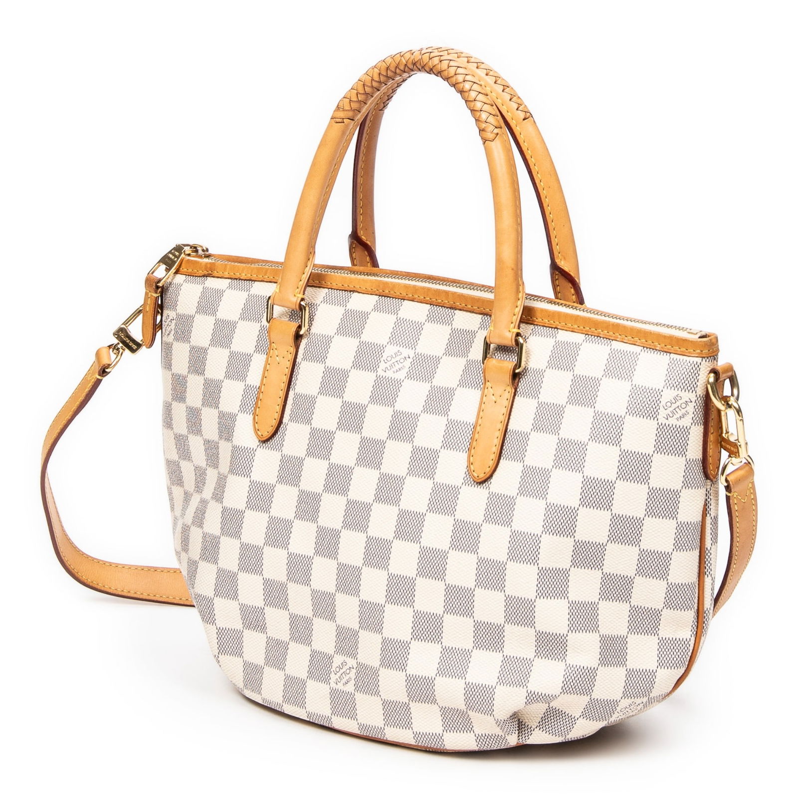 Louis Vuitton Riviera PM Shoulder Bag: Louis Vuitton Riviera PM shoulder bag in damier azur, with vachetta handles, and golden brass hardware, marked FL1164 (16 week 2014), includes strap; third-party authenticated8.25 in. x 9.75 in. x 5