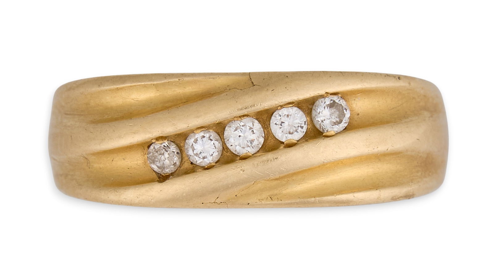 14K Diamond Band: 14K yellow gold diamond band, sculpted band in wave form with a recessed channel of five round diamonds, marked "14K" and "JBR"Size: 10Total weight: 7.1gProvenance: Property from