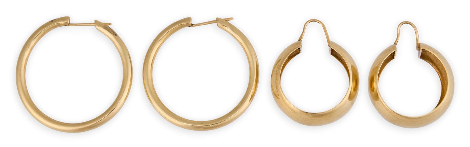 (2) Pairs of 14K Hoop Earrings: Two pairs of 14K yellow gold hoop earrings, marked "14K"Total weight: 12.67 gProvenance: Property from a home in San Antonio, Texas