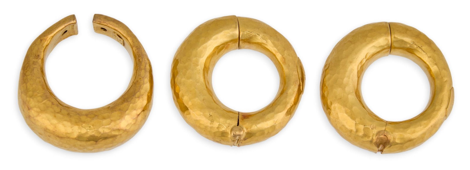 22K Yellow Gold Earrings & Ring: Pair of 22K yellow gold clip-on earrings and matching ring, with hammered finish, each marked "916"Size: 8 Total weight: 22.4 g