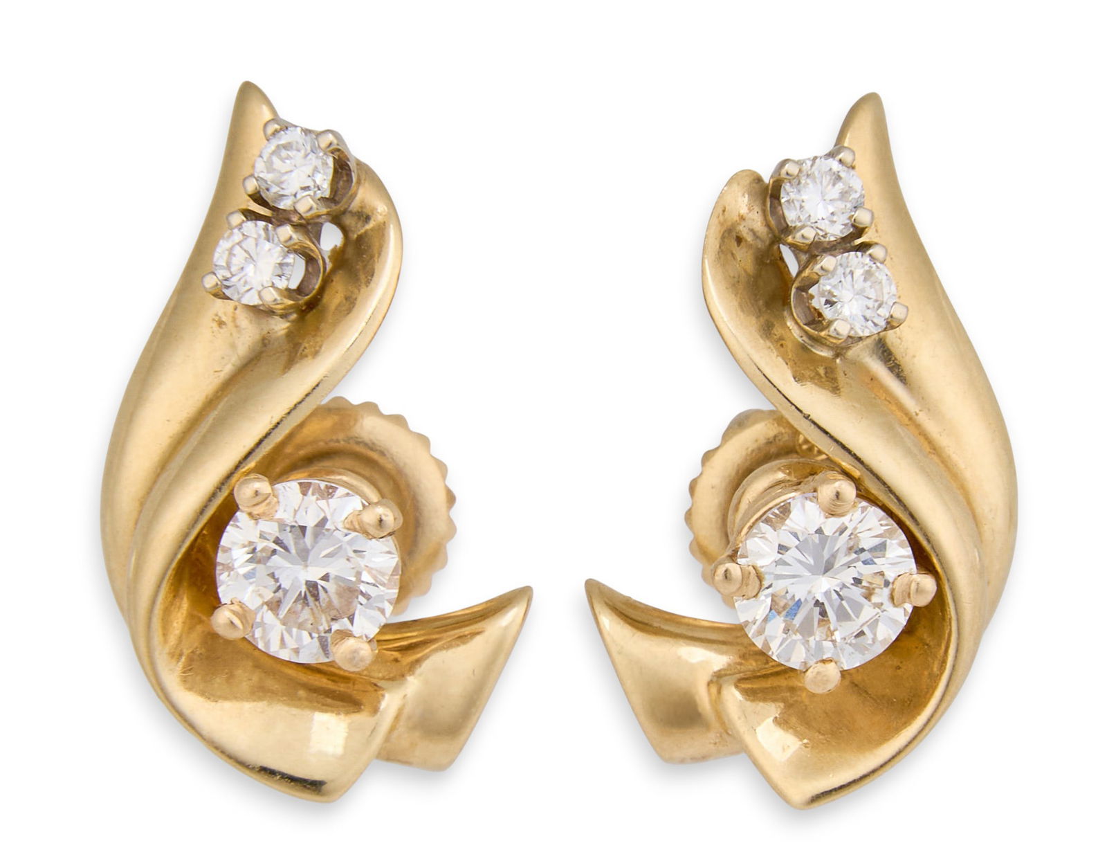 14K Diamond Stud Jacket Earrings: Pair of 14K yellow gold stud jacket earrings, with round diamond details, marked "14K", with 14K backsTotal weight: 4.80 gProvenance: Property from a home in San Antonio, Texas