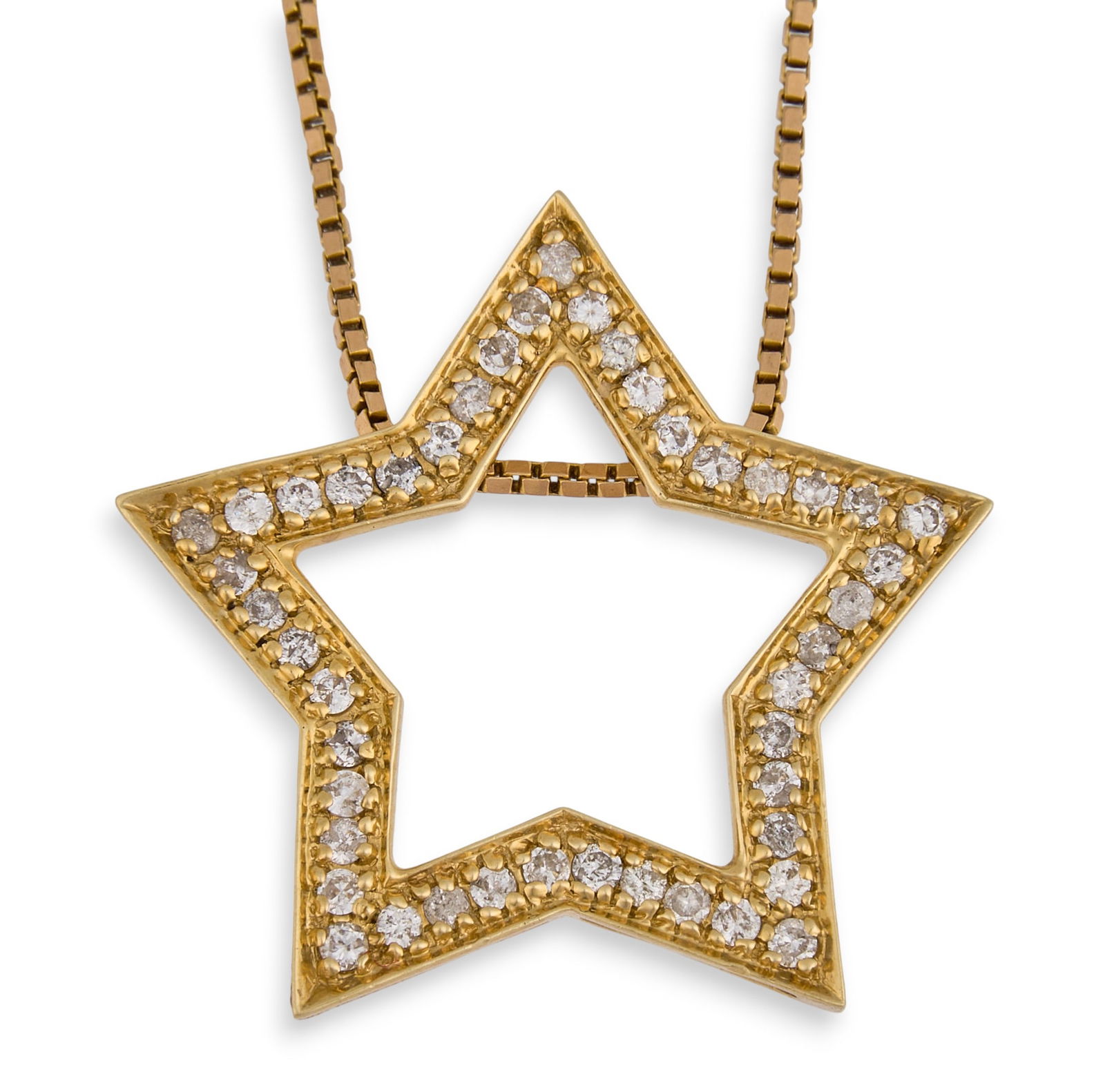 14K Diamond Star Necklace: 14K yellow gold diamond star slide pendant necklace, open five-point star pendant pave-set with small round diamonds, designed as a slide suspended from a box-link chain, marked "14K" to