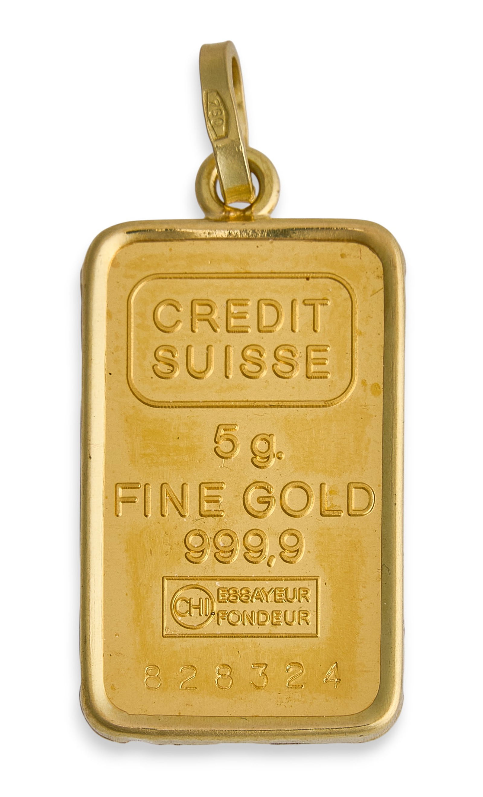 5g Fine Gold Pendant: Credit Suisse 5g 999.9 fine gold 5g pendant, set within an 18K yellow gold mount with bailTotal weight: 5.8gProvenance: Property from a home in Spring Branch, Texas 