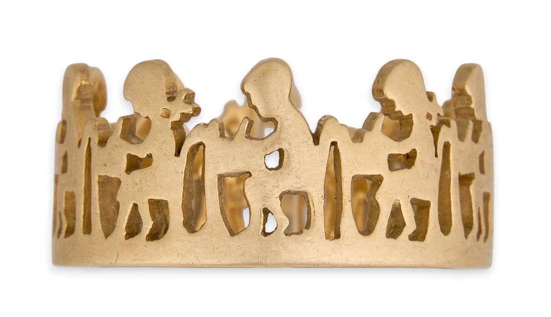 14K James Avery Ring: 14K yellow gold James Avery eternity band, retired design depicting continuous figural children at a school desk, marked "James Avery" and "14K"Size: 9.5Total weight: