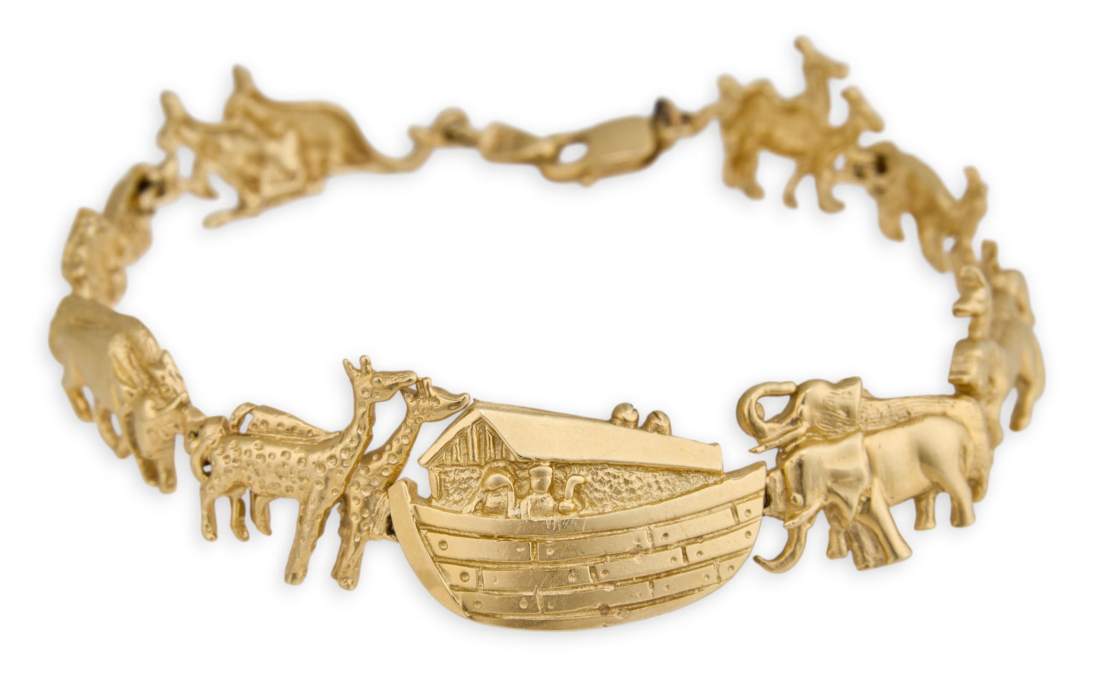 14K Noah's Ark Bracelet: 14K yellow gold Noah's Ark bracelet, comprising of links of figural paired animals marching towards central ark link, marked "14K" and "DZ"Length: 7 in. Total
