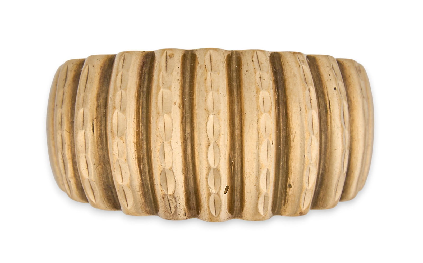 10K Gold Ribbed Ring: 10K yellow gold ring with ribbed design, marked "10K"Size: 8 Total weight: 4.2 gProvenance: Property from a home in San Antonio, Texas