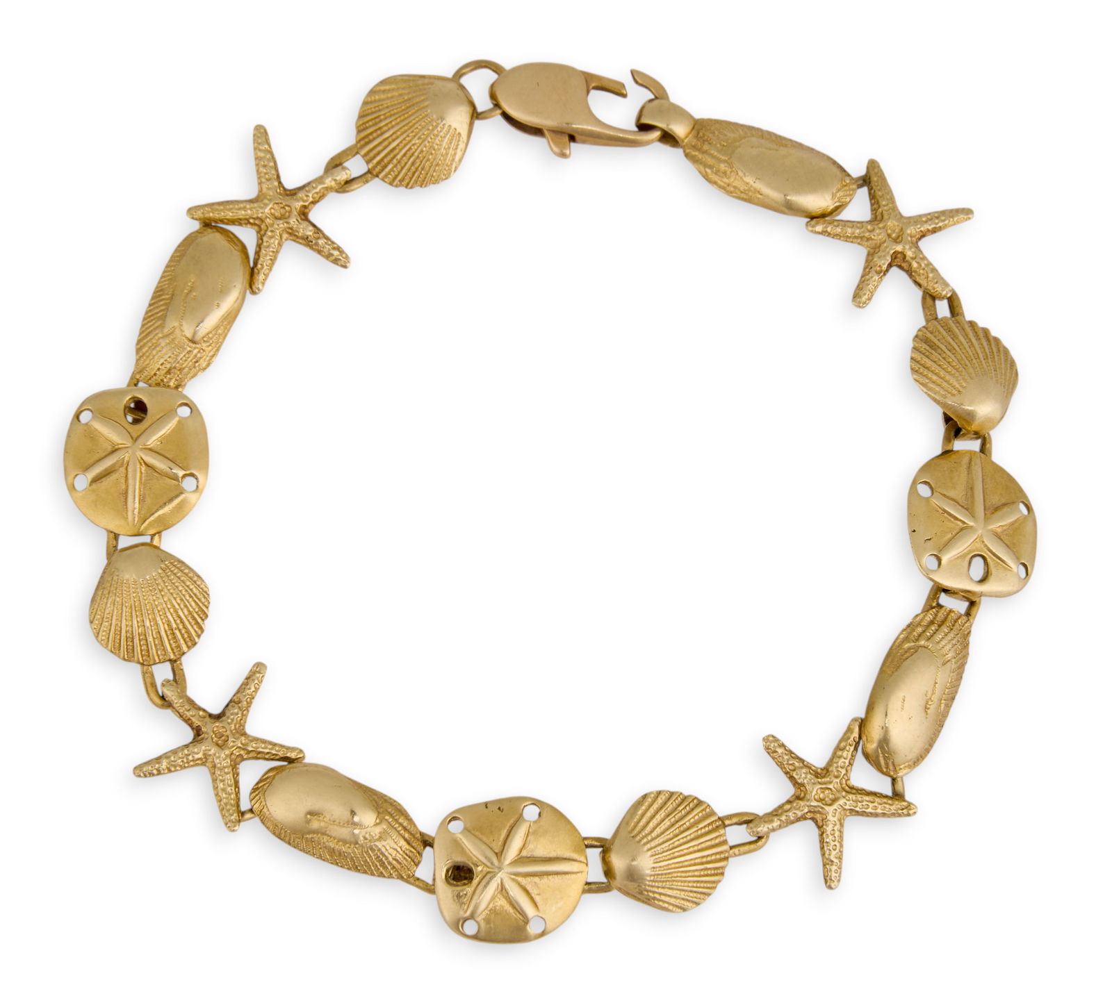 14K Nautical Bracelet: 14K yellow gold nautical link bracelet, alternative starfish and sand dollar motifs, each rendered with texture, fitted with lobster clasp, marked "14K"Length: 7.5 in.Total weight: