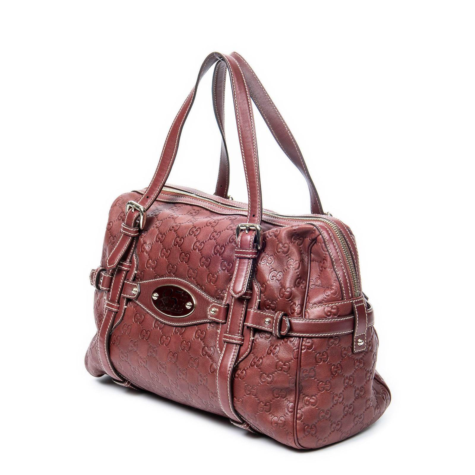 Gucci 85th Anniversary Horsebit Boston Shoulder Bag: Gucci 85th Anniversary Horsebit Boston shoulder bag in dark red guccissima leather with dark red leather handles, and gold hardware, marked 163290 001998, includes cadenas, and keys in clochette;