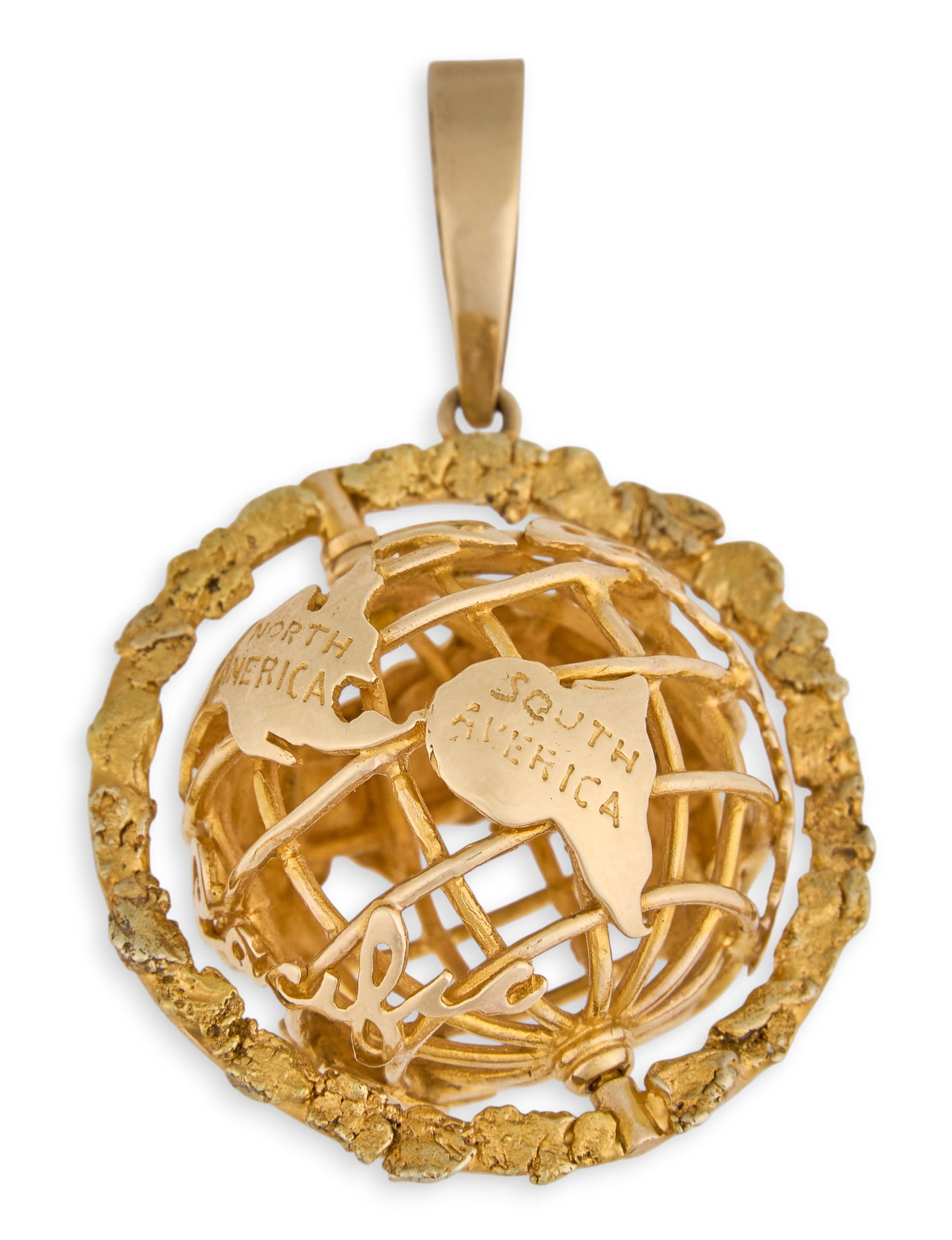 14K Globe Pendant: 14K yellow gold (tested) globe form pendant, designed as a domed openwork sphere with basket-weave construction, enclosed within circular frame and fitted with integrated bail, continents and oceans