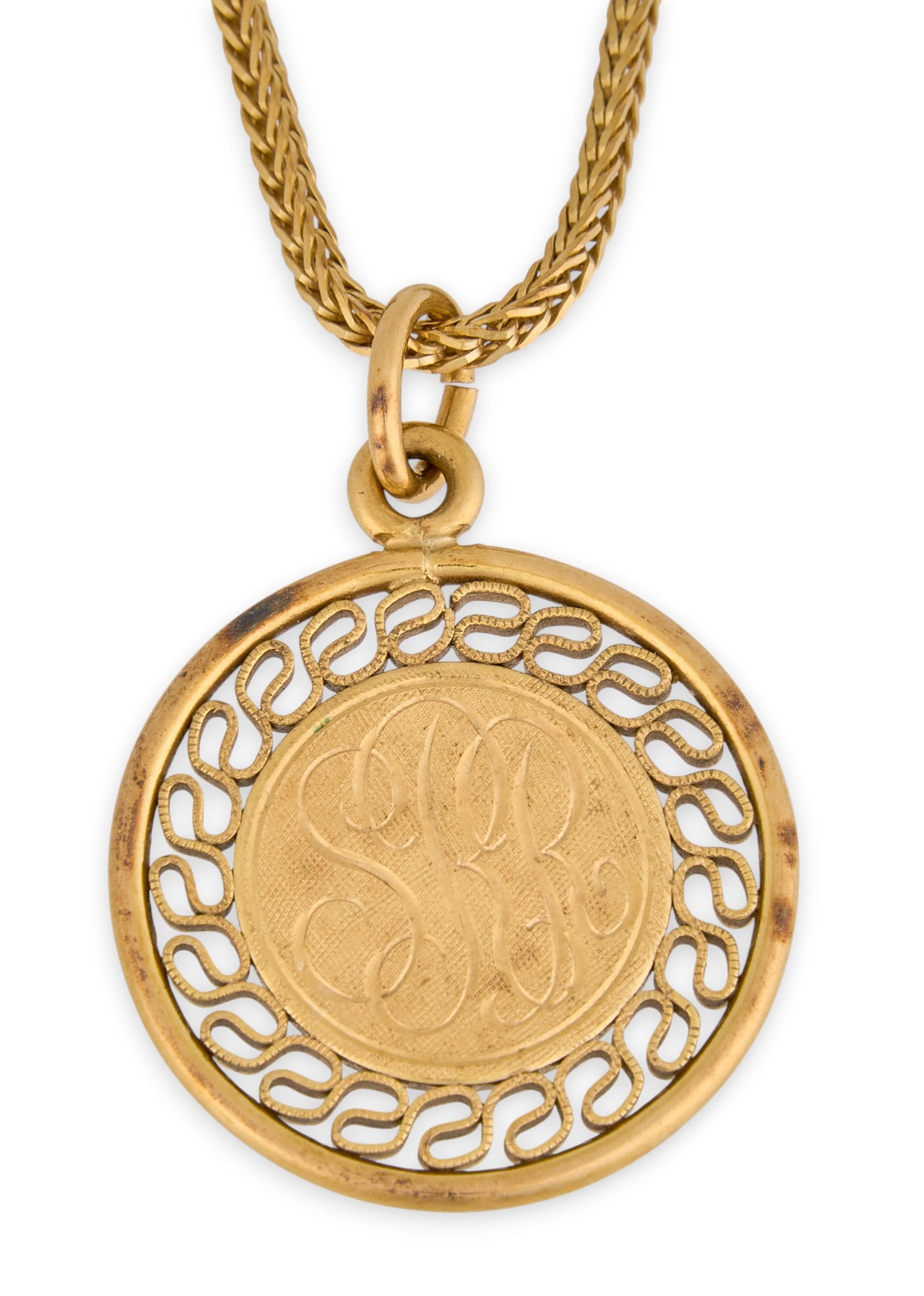 18K/14K Monogram Pendant Necklace: 18K yellow gold chain necklace, with 14K monogrammed pendant reading "SRR", chain clasp marked "750", and pendant marked "14K"Length: 24 in. Total weight: 10.8