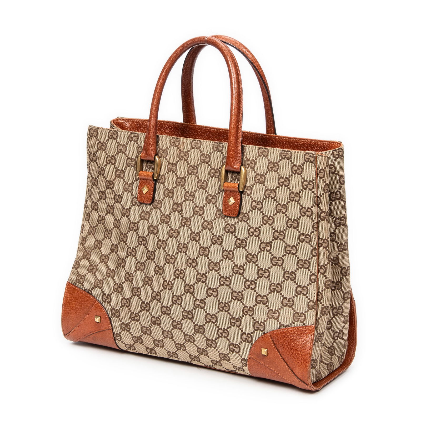Gucci Nailhead Tote Shoulder bag: Gucci Nailhead Tote shoulder bag in brown and beige monogrammed canvas with brown leather, and gold hardware, marked 120897 212792; third-party authenticated13.78 in. x 10.63 in. x 4.72