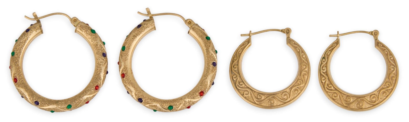 (2) Pairs of 14K Hoop Earrings: Two pairs of 14K yellow gold hoop earrings, one pair featuring multi-stone inlay, marked "585" and "14K" to postsTotal weight: 5.8 gProvenance: Property from a home in Medina,