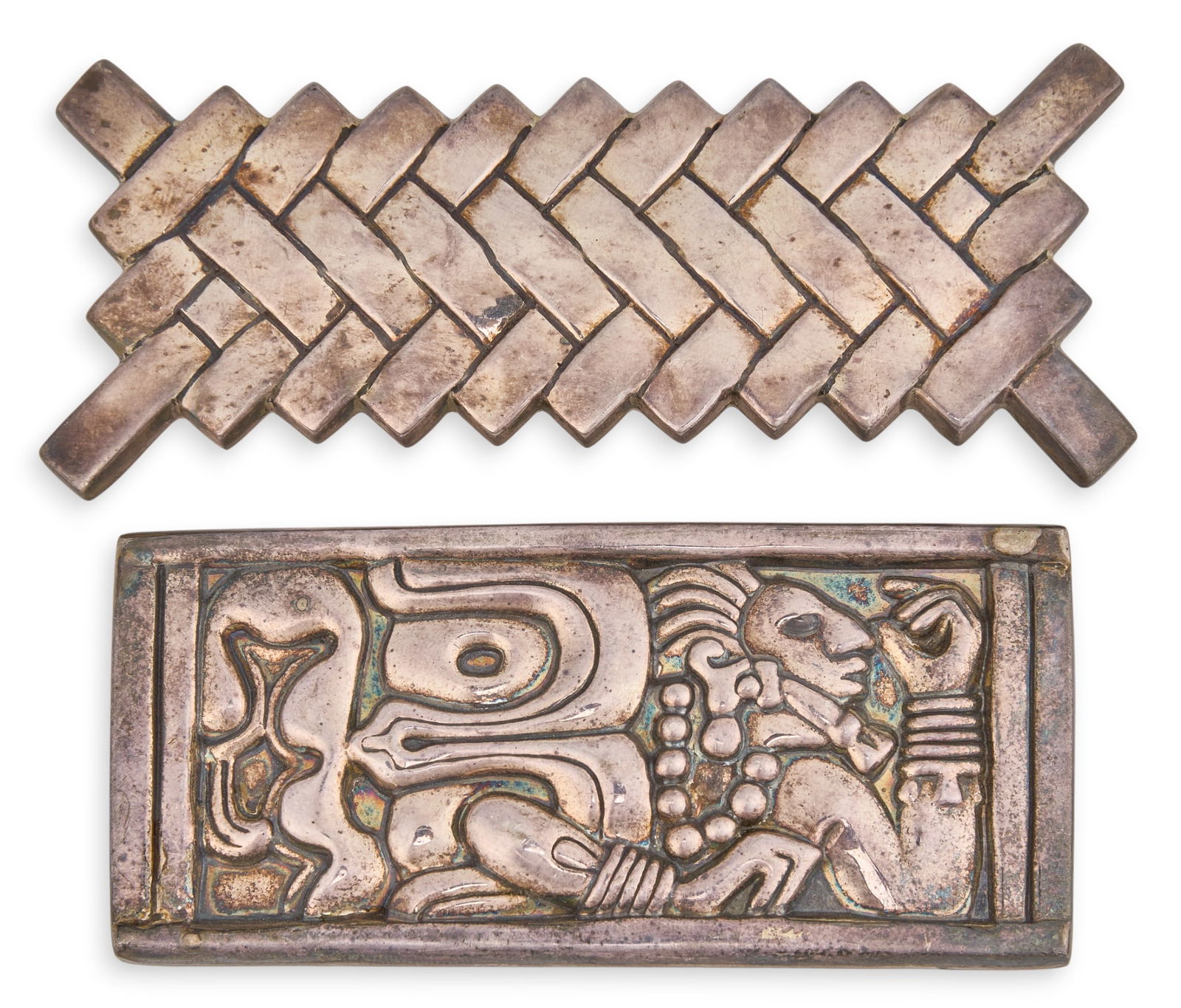 (2) Mexican Sterling Silver Buckles: Two Mexican sterling silver buckles, both signed and marked "925" and "Casa de Oro"Size: 4.25 in. x 1.75 in. / largest Total weight: 4.465 oztProvenance: Property from the